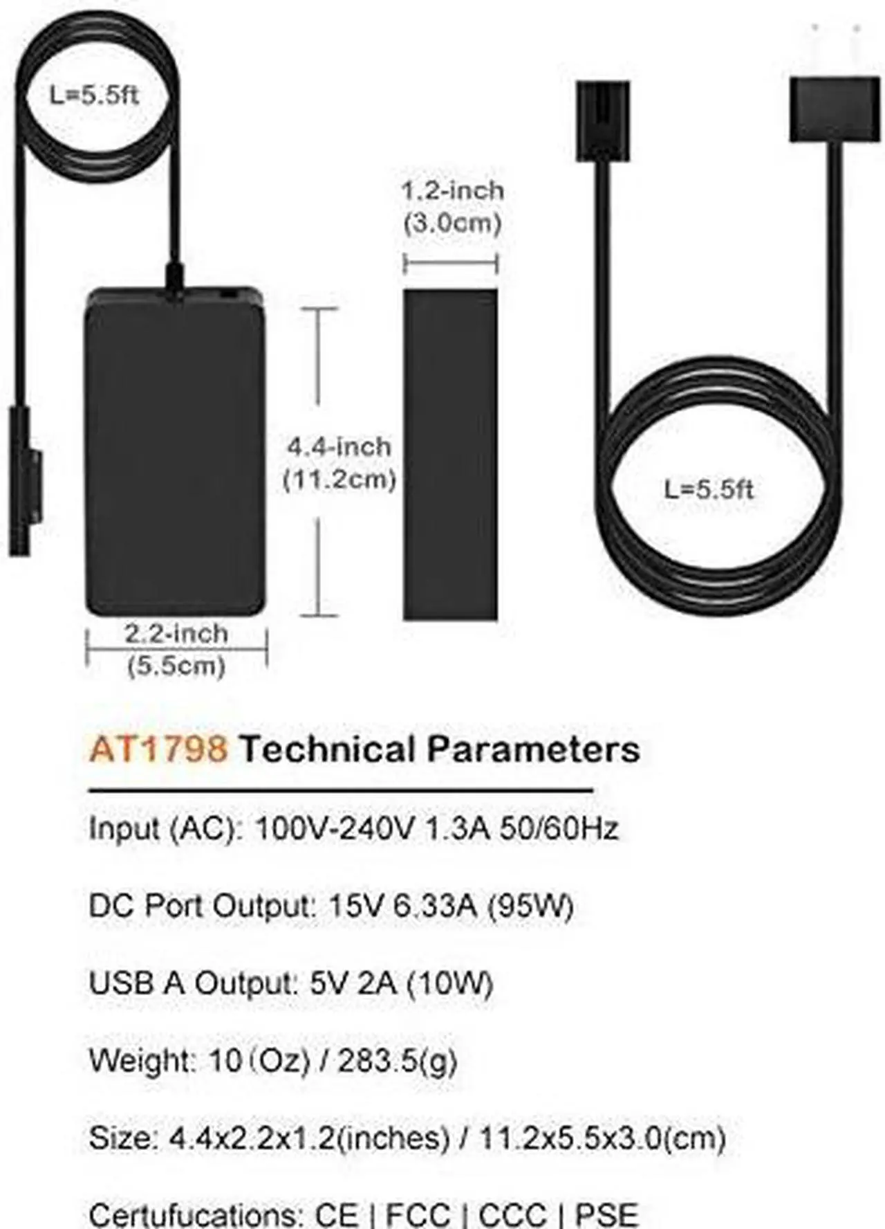 Alt view image 3 of 7 - Atcuji 102W Charger Surface Power Supply for Microsoft Surface Book 2 15, 13-inch Surface Book New Surface Laptop 3 15 inch Microsoft 102W Ac Adapter MS 15V 1798 Surface Power Cord with 5V 2A USB Port