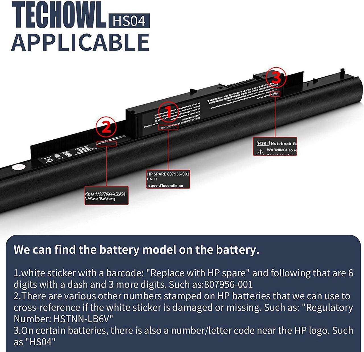 Alt view image 2 of 7 - 807956-001 Replacement Battery For Hp Laptop Battery, TECHOWL HS03 Battery Compatible With HP Spare 807956-001 laptop battery 807957-001 HP Battery HS04 - High-Performance Spare Battery [2600mAh/38Wh]