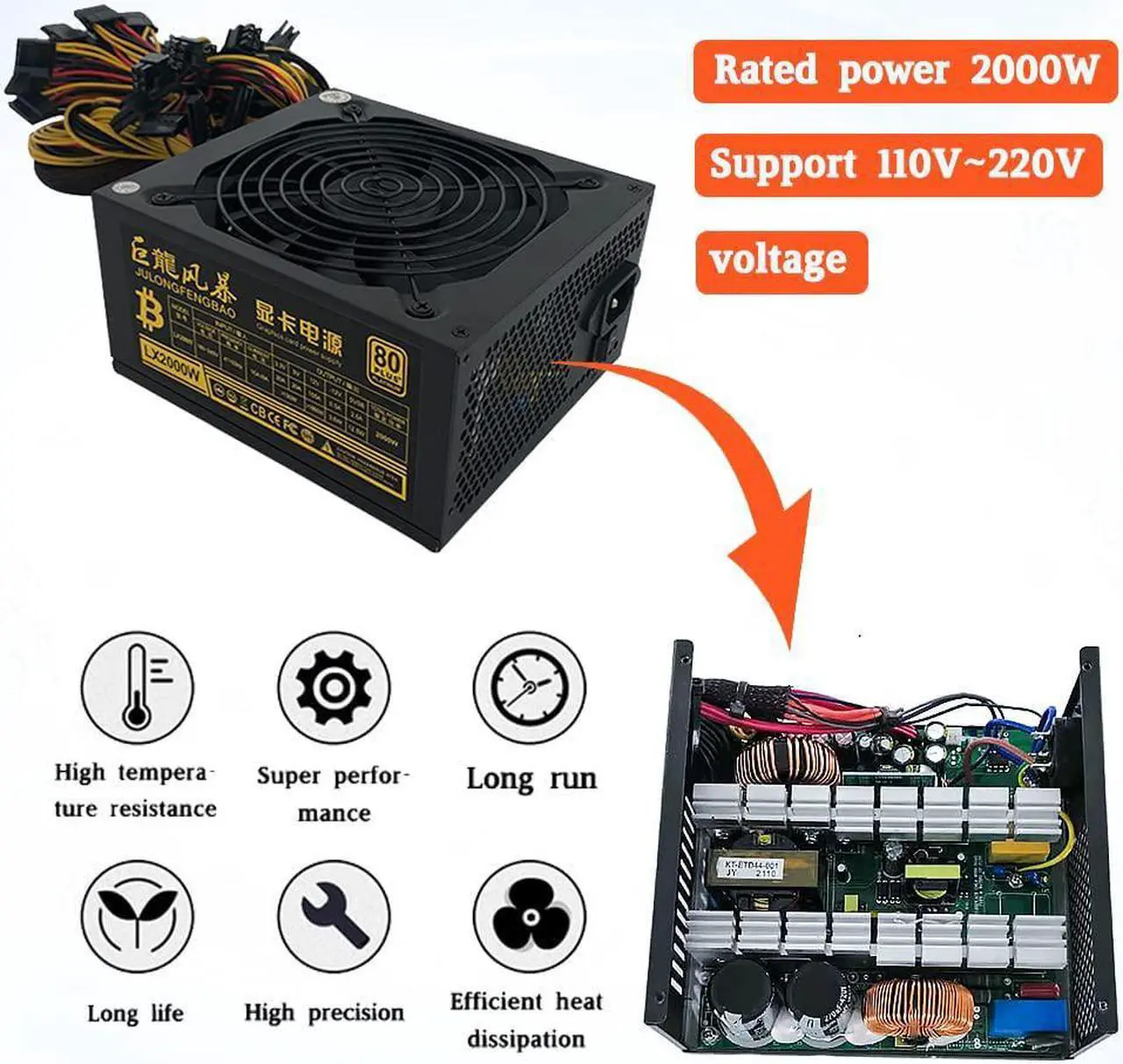 Alt view image 2 of 6 - Mining Power Supply 2000W, Active PFC Power Supply Mining PC Power 110-240V Modular Power Supply Mining Rig PSUs Supports 8 GPU Ethereum Miner