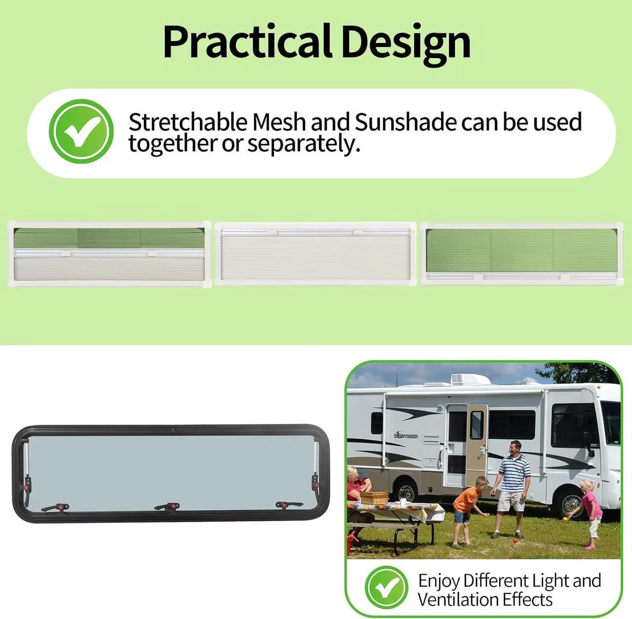 Alt view image 3 of 7 - RV Push Out Window, UV Proof Camper Acrylic Glass Hinged Window Replacement with Screen, Sun Shade, Caravan Motorhome External Exit Window for Replace,21.65Hx57.09W