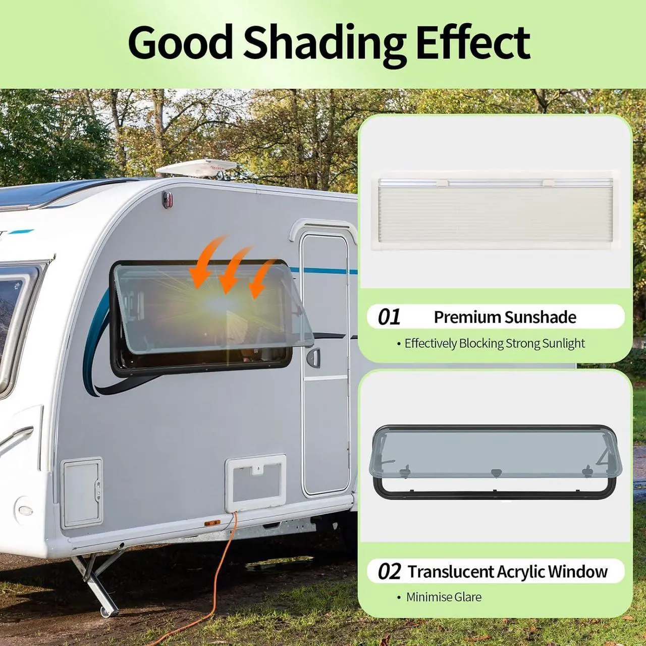 Alt view image 4 of 7 - RV Push Out Window, UV Proof Camper Acrylic Glass Hinged Window Replacement with Screen, Sun Shade, Caravan Motorhome External Exit Window for Replace,21.65Hx57.09W