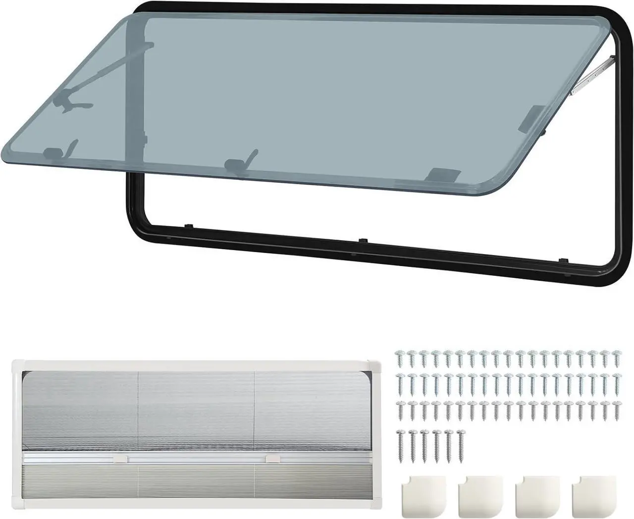 Main image of RV Push Out Window, UV Proof Camper Acrylic Glass Hinged Window Replacement with Screen, Sun Shade, Caravan Motorhome External Exit Window for Replace,21.65Hx57.09W