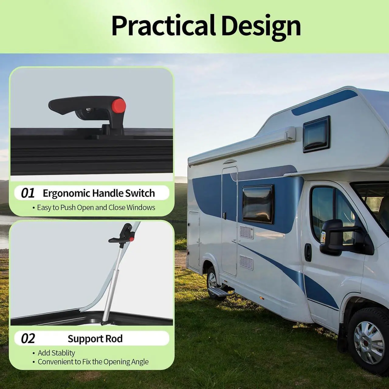 Alt view image 5 of 7 - RV Push Out Window, UV Proof Camper Acrylic Glass Hinged Window Replacement with Screen, Sun Shade, Caravan Motorhome External Exit Window for Replace,21.65Hx57.09W