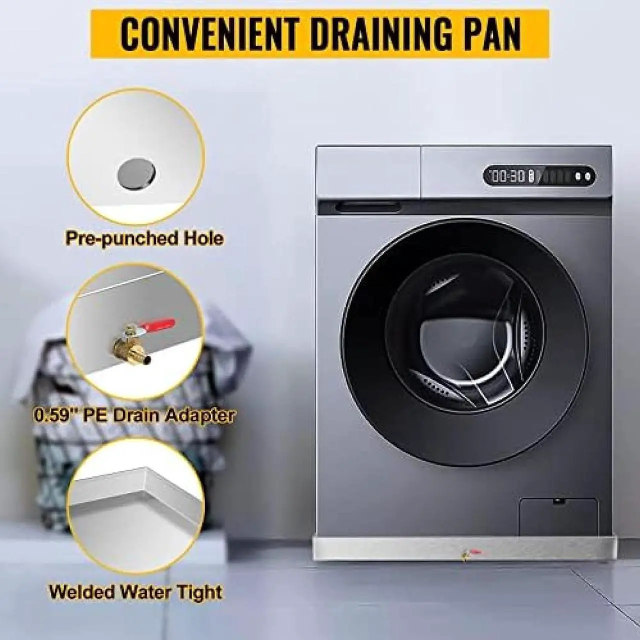 Alt view image 6 of 7 - Washing Machine Pan - Drilled Washing Machine Drain Pan Drain Adapter Fitting Included - Recycled Steel Washing Machine Tray - Drain Pan for Washer and Dryer,27 X 25 X 2.5 Inch