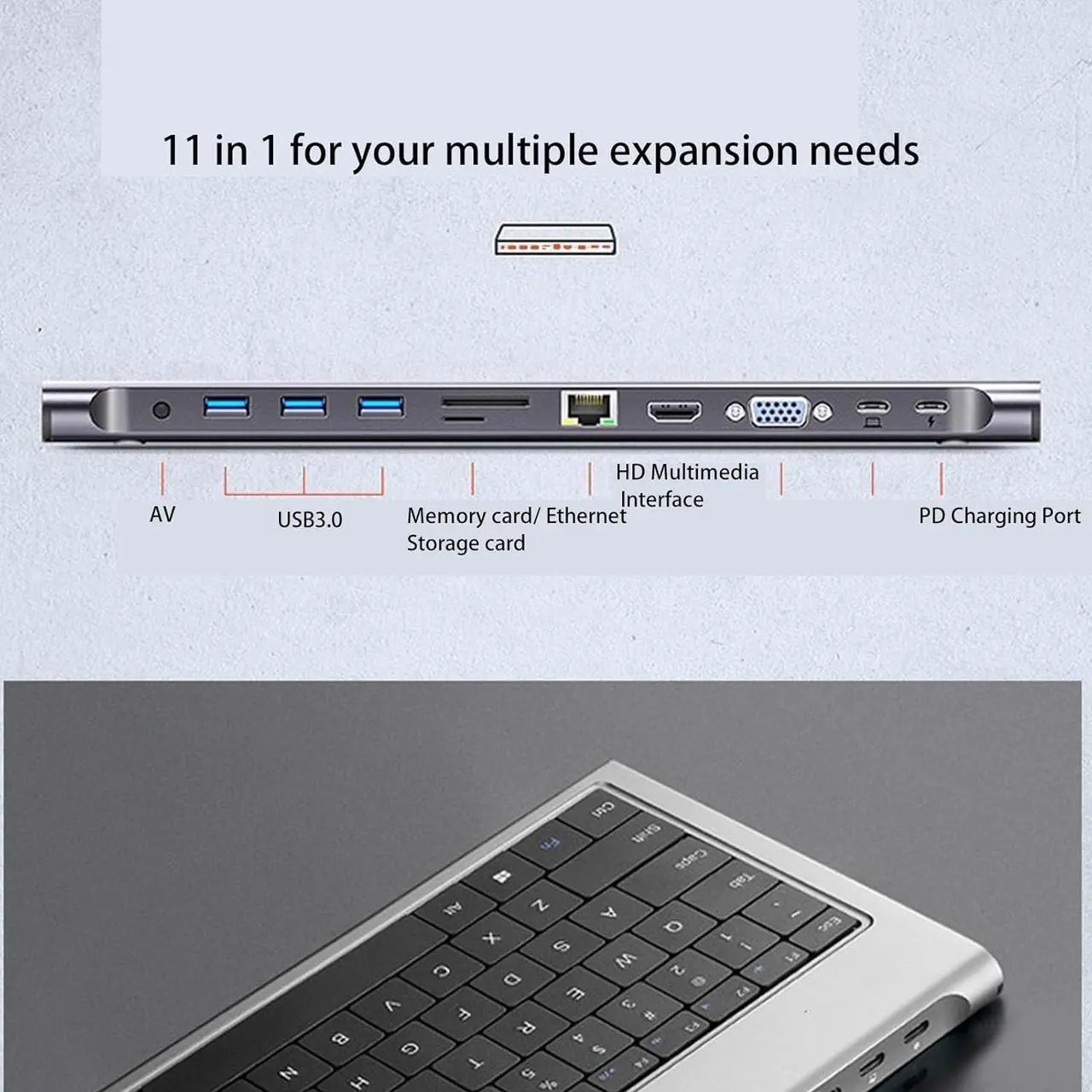 Alt view image 5 of 7 - USB C Keyboard Hub,11 in 1 4K 10Gbps 1000Mbps 100W PD USB C Docking Station 78 Keys Wired Computer Keyboard