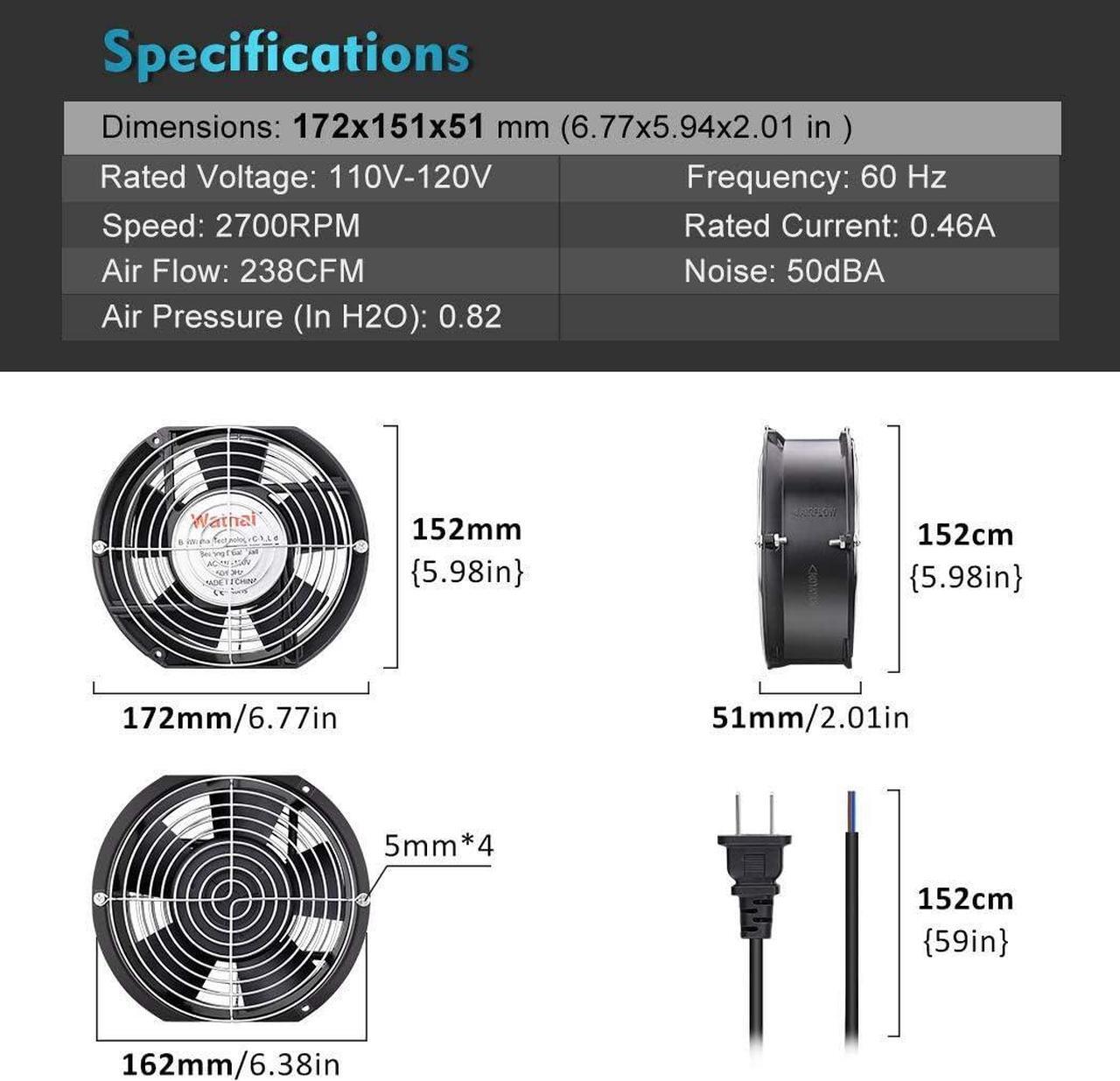 Alt view image 2 of 7 - Wathai AC 110V 120V Axial Fan Big Airflow High Speed Dual Ball 172mm x 150mm x 51mm for DIY Cooling Ventilation Exhaust Projects For Server