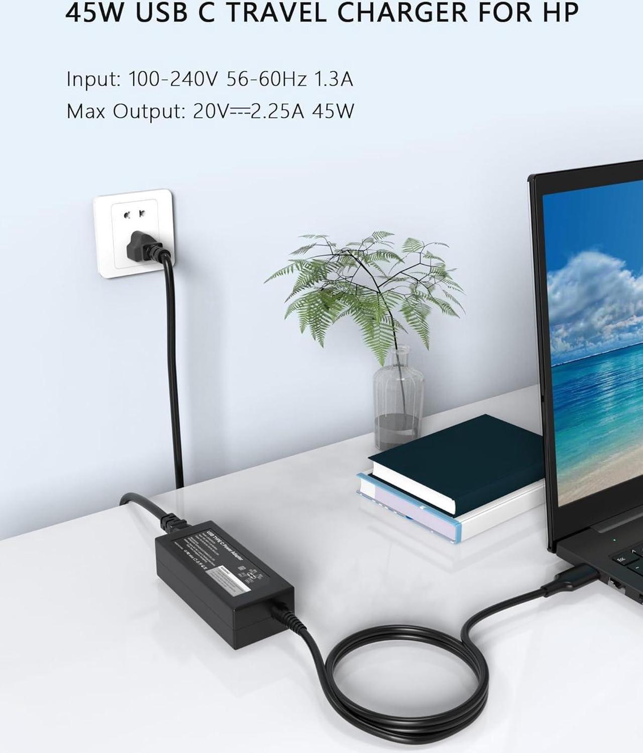 Alt view image 3 of 7 - 45W USB C Chromebook Charger for HP      Google HP Chromebook X360 11 14 14-ca051wm 14-ca052wm 14-ca091wm 14-ca0061dx Type C Universal Power Supply Adapter Cord