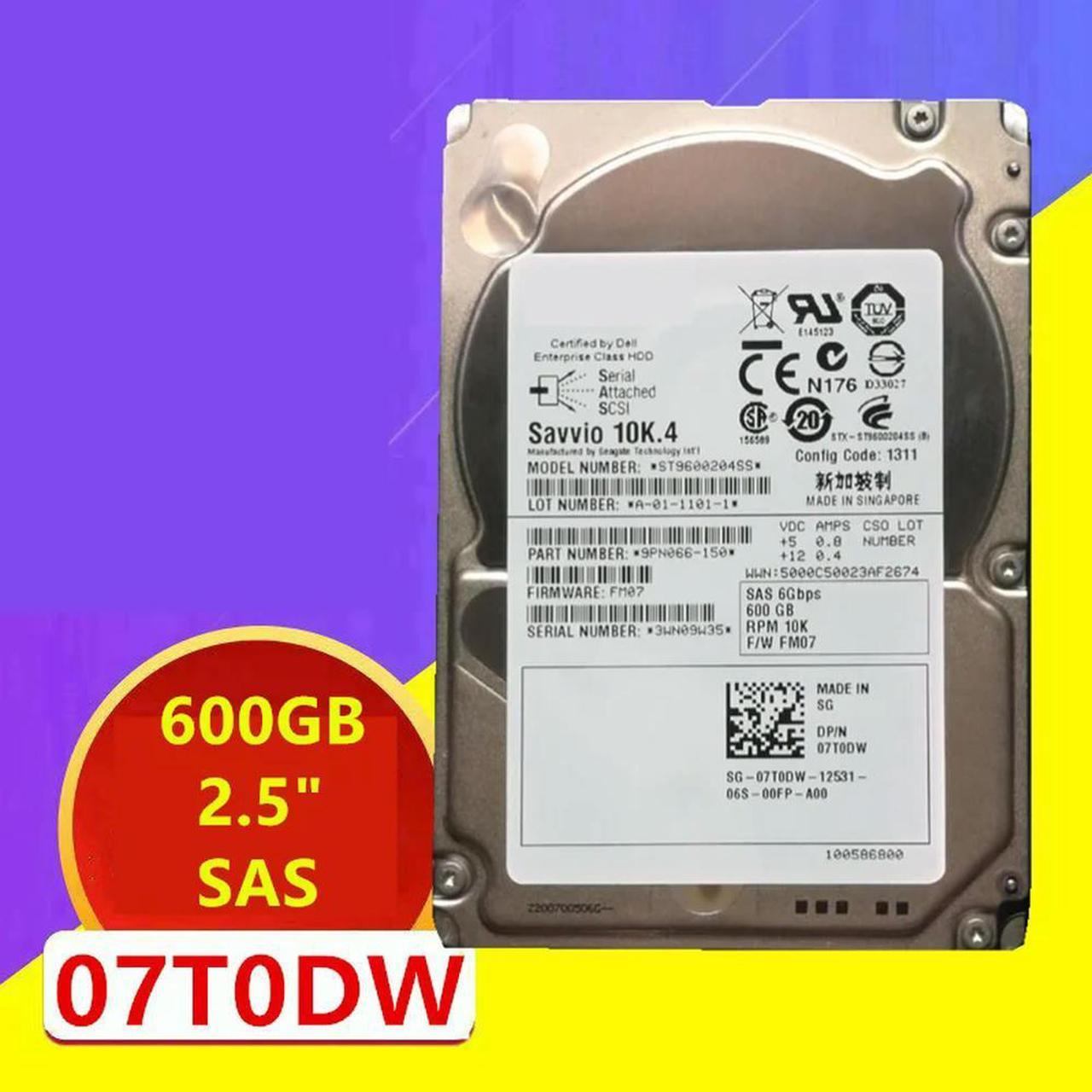 OwnShoe HDD For 600GB 2.5" SAS 6 Gb/S 64MB 10000RPM For Internal HDD For Server HDD For 7T0DW 07T0DW ST9600204SS