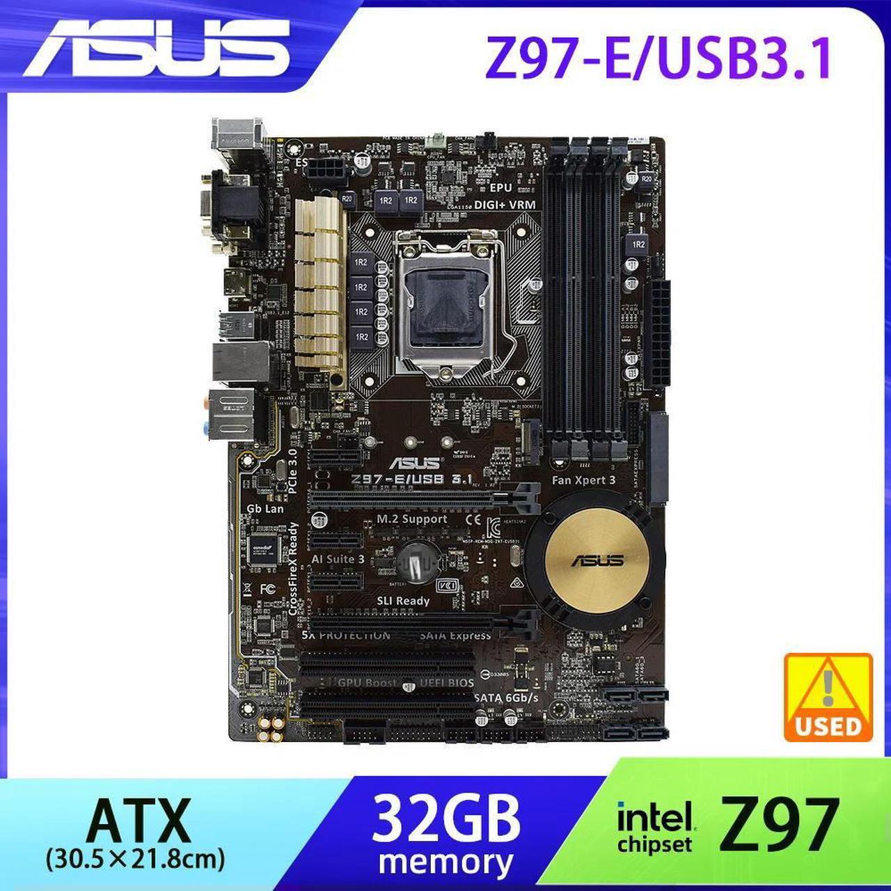 Z97 Motherboard LGA 1150 Z97-E/USB 3.1 DDR3 32GB RAM Kit Xeon Core i7 4770K Cpus DVI HDMI M.2 SATA3  ATX PCI-E 3.0