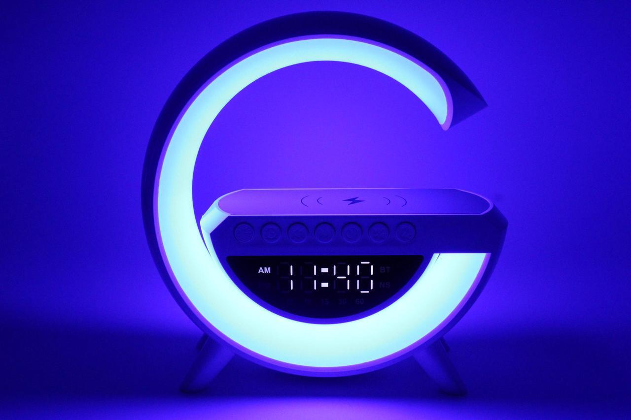 Alt view image 3 of 7 - Jaspertronics 6-in-1 Wireless LED Charging Station & Alarm Clock  Bluetooth Speaker, RGB Lamp, 15W Fast Wireless Charger, FM Radio, White Noise, Gradual Wake Light  BT-3401 Multifunction Device