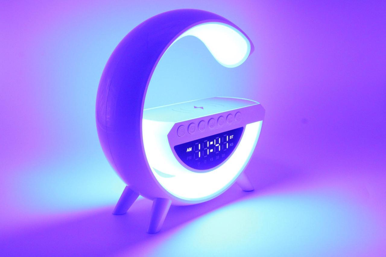 Alt view image 7 of 7 - Jaspertronics 6-in-1 Wireless LED Charging Station & Alarm Clock  Bluetooth Speaker, RGB Lamp, 15W Fast Wireless Charger, FM Radio, White Noise, Gradual Wake Light  BT-3401 Multifunction Device