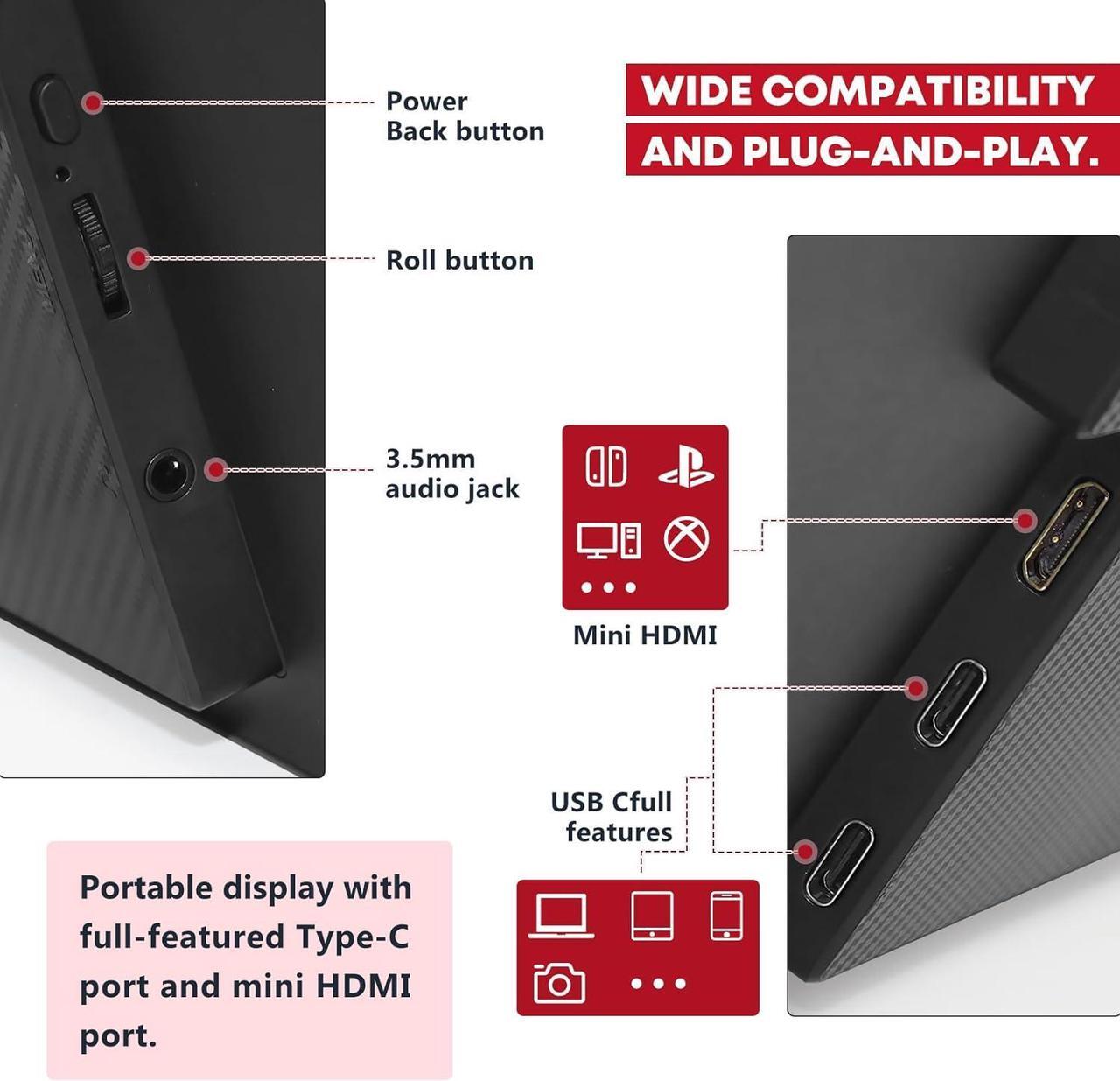 Alt view image 3 of 6 - NUOLAISUN Portable Monitor 18.5 inch 100Hz 100% sRGB FHD 1080P IPS Computer Display Gaming Monitor for Laptop USB C HDMI HDR Travel Monitor with Kickstand for Mac PC Xbox PS4/5 Switch Laptop Monitor