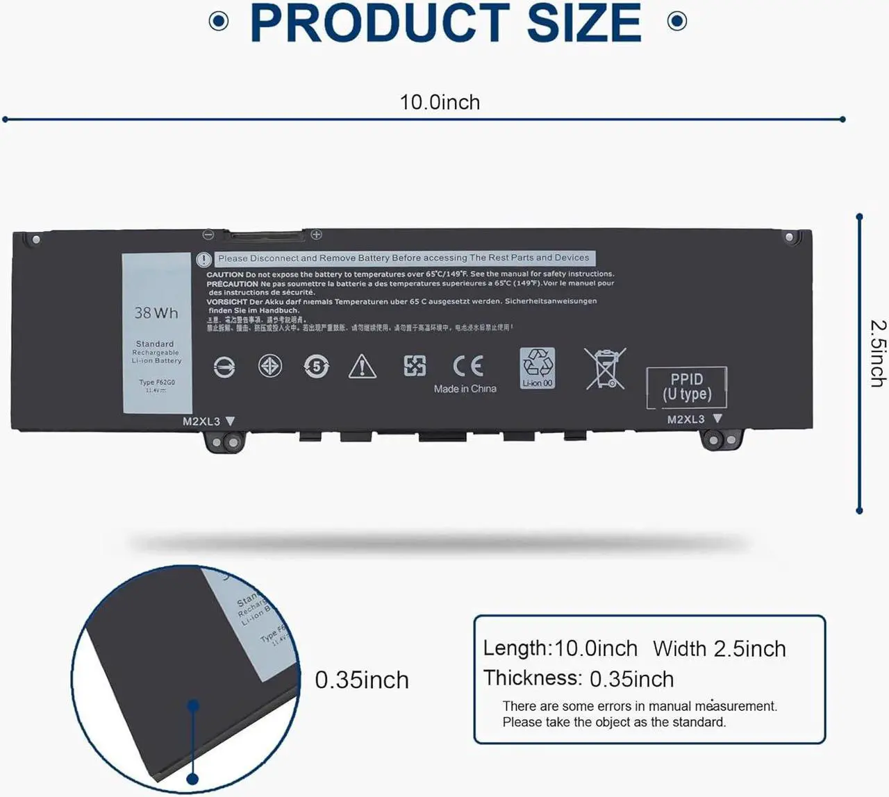 Alt view image 2 of 7 - 38Wh F62G0 Battery for Dell Inspiron 13 7000 2-in-1 Series 7373 7370 7380 7386 5370 039DY5 P83G P83G001 P83G002 P87G P87G001 P91G P91G001 39DY5 0RPJC3 RPJC3 CHA01 F62GO Laptop Replacement Vostro 5370