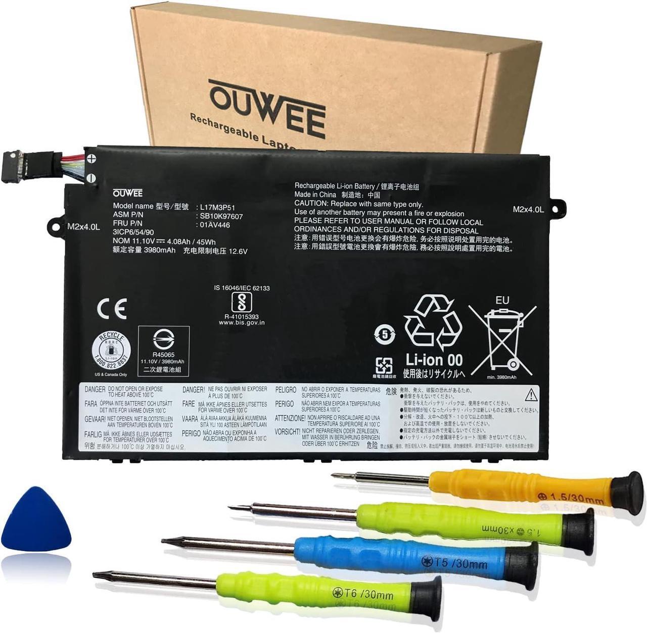 Main image of OUWEE L17M3P51 Laptop Battery Compatible with Lenovo ThinkPad E14 E15 E480 E485 E495 E580 E585 E490 E590 E595 Series L17C3P51 SB10K97609 01AV448 L17M3P52 01AV447 L17L3P51 01AV445 01AV446 11.1V 45Wh