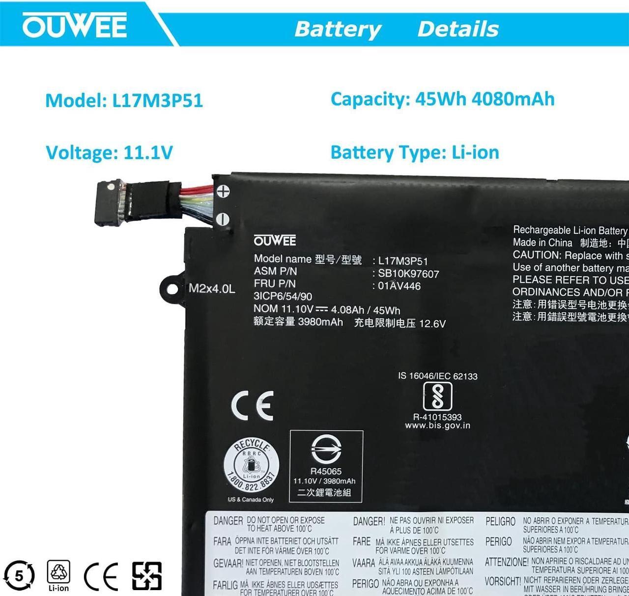 Alt view image 2 of 7 - OUWEE L17M3P51 Laptop Battery Compatible with Lenovo ThinkPad E14 E15 E480 E485 E495 E580 E585 E490 E590 E595 Series L17C3P51 SB10K97609 01AV448 L17M3P52 01AV447 L17L3P51 01AV445 01AV446 11.1V 45Wh