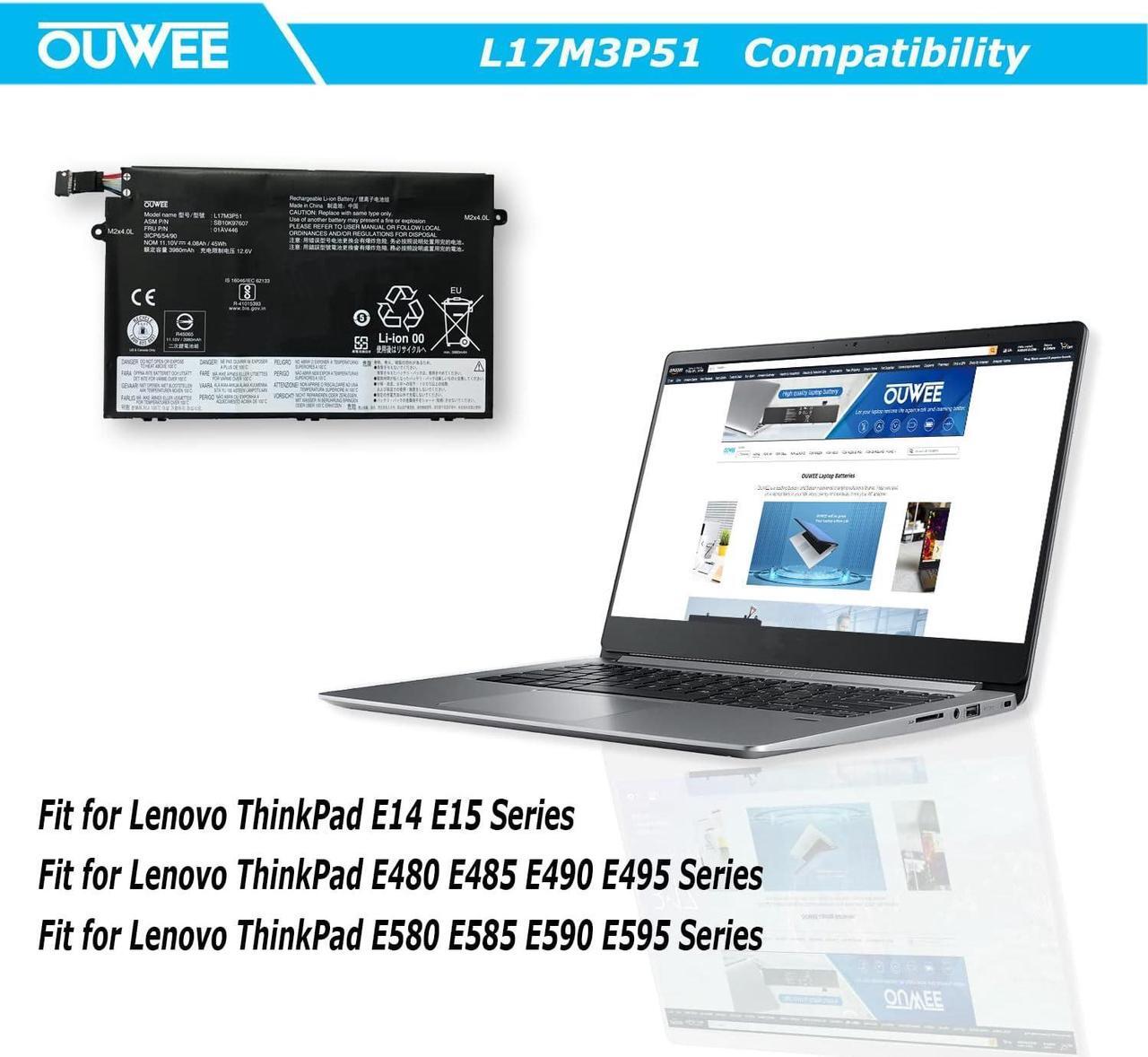 Alt view image 4 of 7 - OUWEE L17M3P51 Laptop Battery Compatible with Lenovo ThinkPad E14 E15 E480 E485 E495 E580 E585 E490 E590 E595 Series L17C3P51 SB10K97609 01AV448 L17M3P52 01AV447 L17L3P51 01AV445 01AV446 11.1V 45Wh