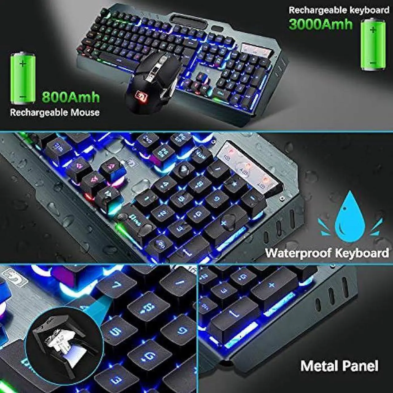 Alt view image 6 of 6 - Wireless Gaming Keyboard and Mouse Combo,3 in 1 Rainbow LED Rechargeable Keyboard Mouse with 3800mAh Battery Metal Panel,10 Colors RGB Gaming Mouse Pad (32.5x12x0.15 inch),7 Colors Mute Gaming Mouse