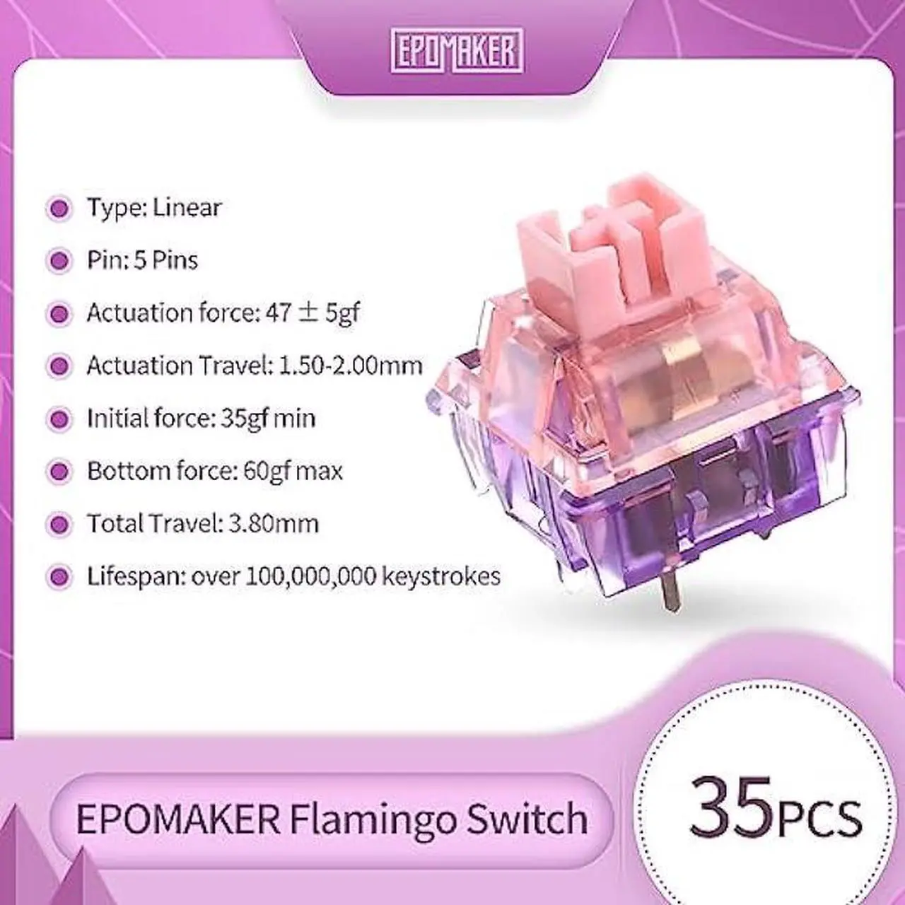 Alt view image 2 of 6 - EPOMAKER Flamingo 35 Pieces 47gf Linear Mechanical Keyboard Switches Set, 35gf Initial Force Factory Lubed Switch with POM Stem, Dual Spring, PC Housing for Gaming DIY Keyboard