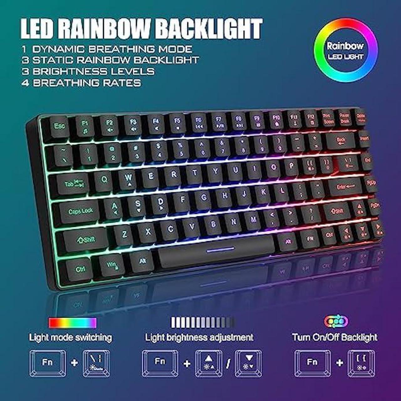 Alt view image 3 of 6 - RedThunder K84 Wireless Keyboard and Mouse Combo, Rainbow LED Backlit Rechargeable Battery, 75% Layout 84 Keys TKL Ultra Compact Gaming Keyboard & Lightweight 7200 DPI Honeycomb Optical Mouse (Black)