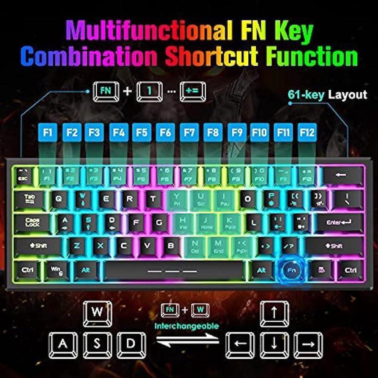 Alt view image 4 of 6 - ZIYOU LANG T61 Wireless Gaming Keyboard and Mouse Combo with Ergonomic 61 Key Rainbow LED Backlight Anti-ghosting Mechanical Feel Rechargeable 4000mAh Battery Mouse Pad for PC MAC Gamer Typists(Black)