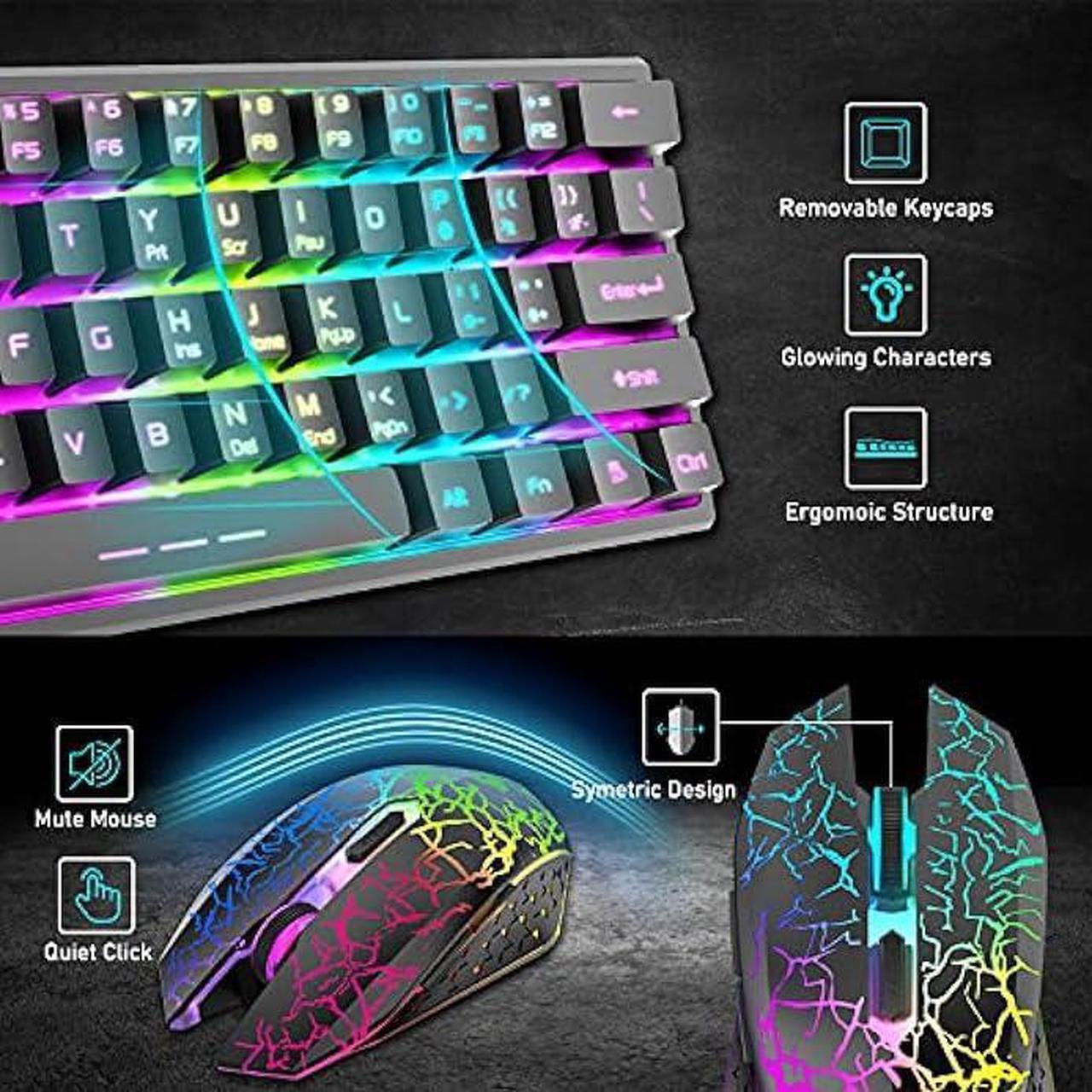 Alt view image 6 of 6 - ZIYOU LANG T61 Wireless Gaming Keyboard and Mouse Combo with Ergonomic 61 Key Rainbow LED Backlight Anti-ghosting Mechanical Feel Rechargeable 4000mAh Battery Mouse Pad for PC MAC Gamer Typists(Black)