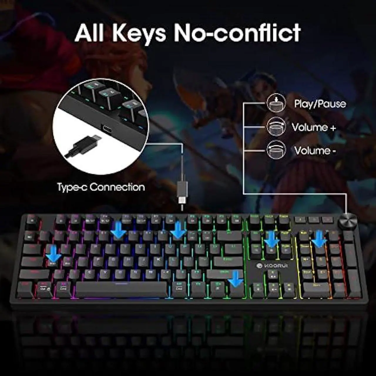 Alt view image 4 of 6 - KOORUI Gaming Keyboards,104 Keys Full Size Mechanical Keyboard Wired 26 RGB Backlit with Blue Switch Gamer Keyboards for Windows MacOS Linux