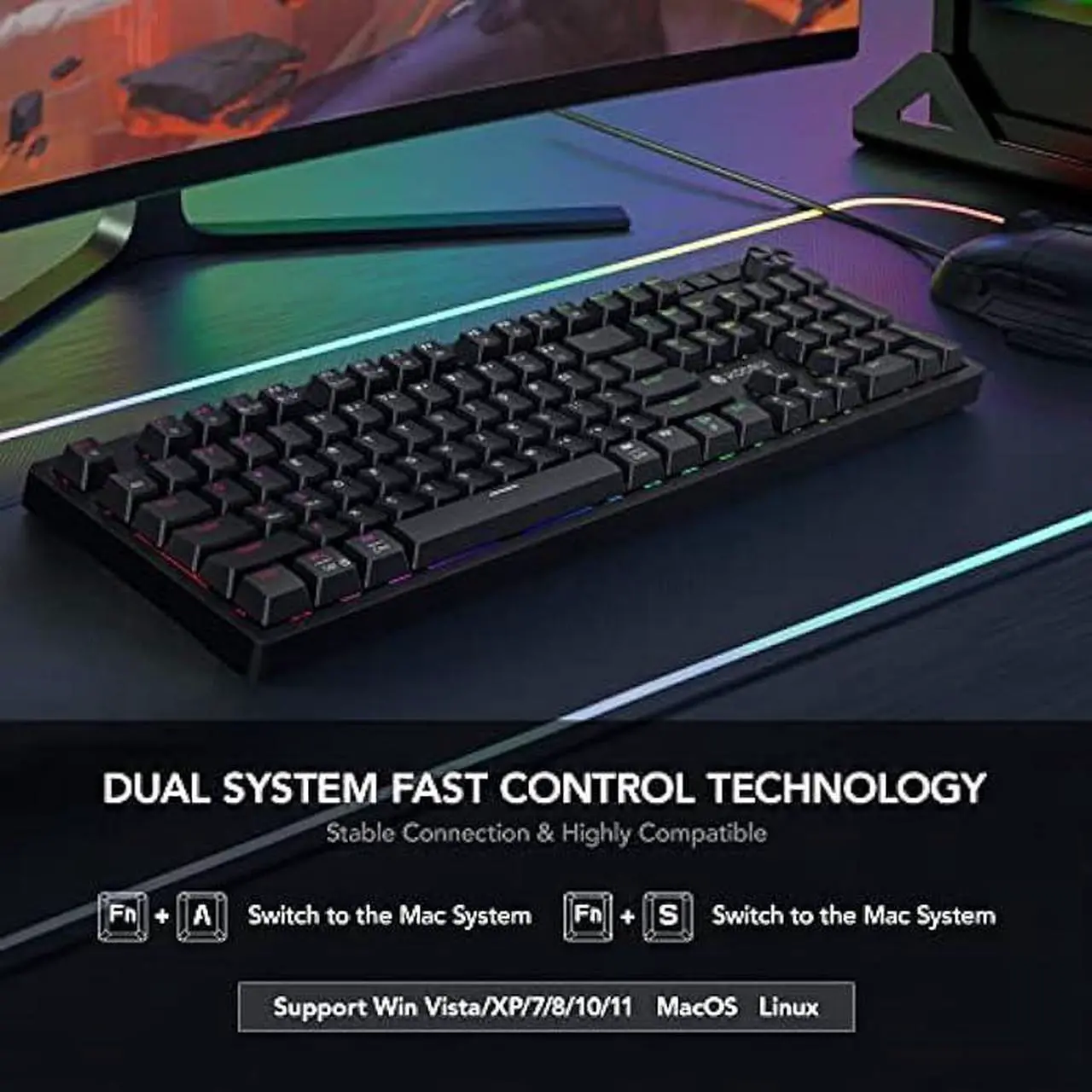 Alt view image 6 of 6 - KOORUI Gaming Keyboards,104 Keys Full Size Mechanical Keyboard Wired 26 RGB Backlit with Blue Switch Gamer Keyboards for Windows MacOS Linux