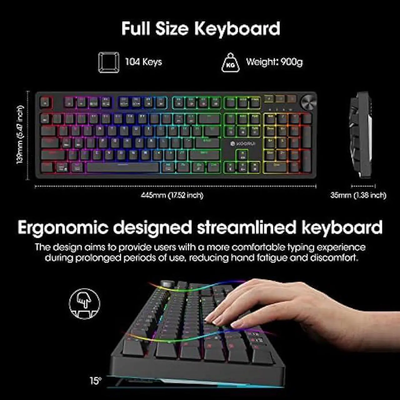 Alt view image 5 of 6 - KOORUI Gaming Keyboards,104 Keys Full Size Mechanical Keyboard Wired 26 RGB Backlit with Blue Switch Gamer Keyboards for Windows MacOS Linux