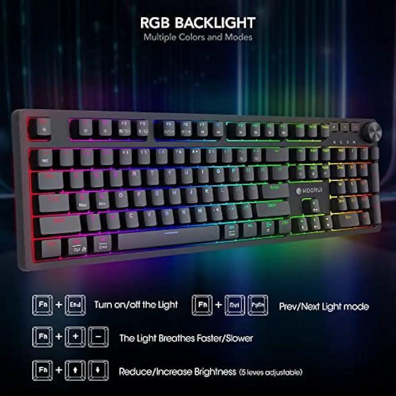 Alt view image 2 of 6 - KOORUI Gaming Keyboards,104 Keys Full Size Mechanical Keyboard Wired 26 RGB Backlit with Blue Switch Gamer Keyboards for Windows MacOS Linux
