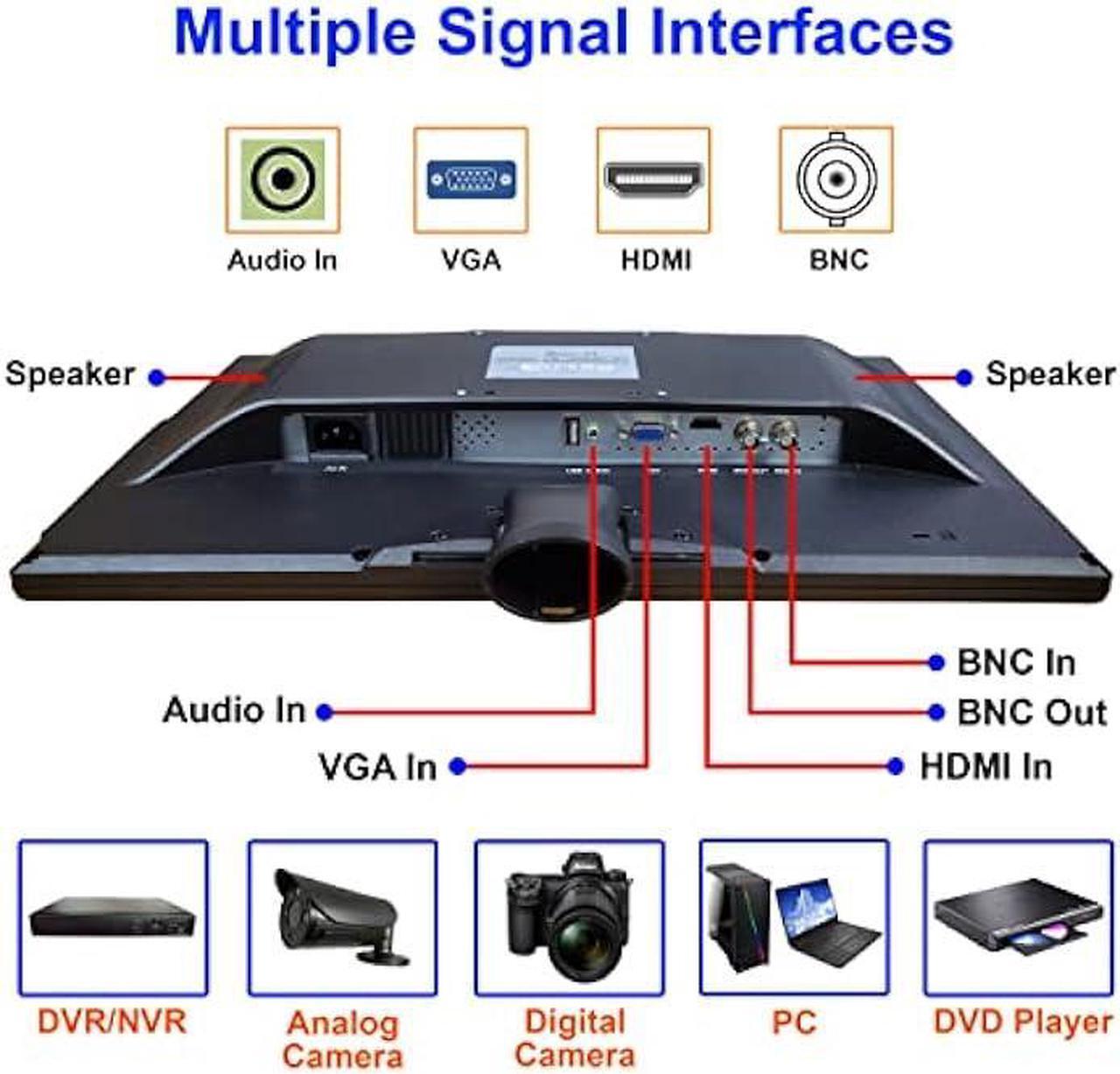 Alt view image 3 of 7 - 1stPV 18.5 16:9 Wide Screen Security Monitor with HDMI VGA & BNC Inputs and BNC Output Audio Video Display Built-in Speakers, Work with Analog Security Cameras Directly in Addition to DVR/NVR & PC