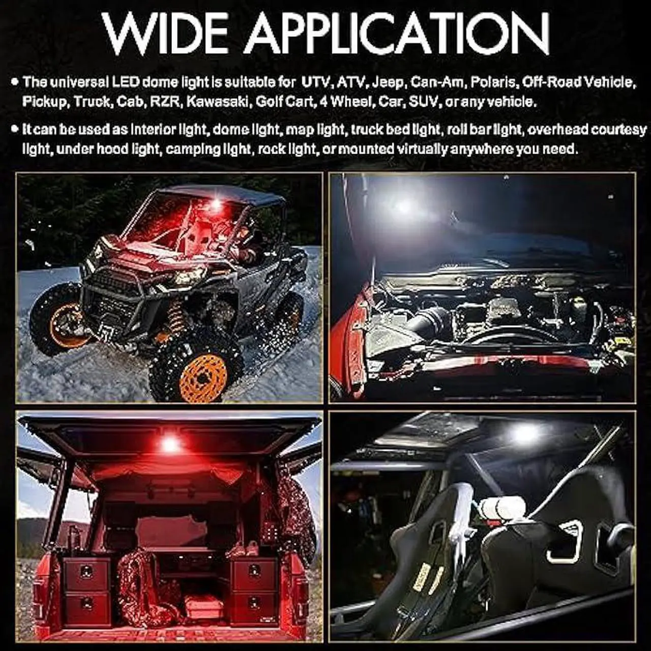 Alt view image 5 of 7 - UTV Dome Light, Rfroad lighting 12v Universal Roll Bar Mount Led Light UTV Interior Dome Light Utility Roll Cage Dome Light Map Light For UTV ATV Polaris RZR Can-Am Truck Golf Cart SXS Cab - White/Red