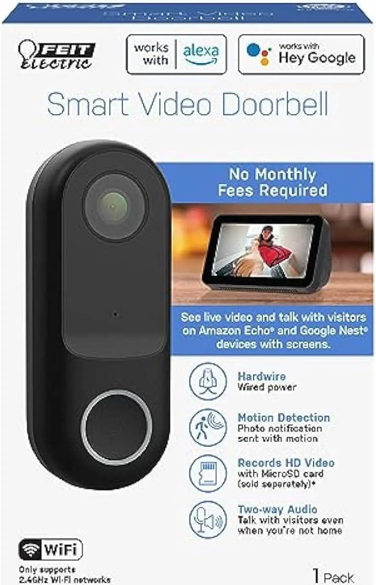 Alt view image 2 of 3 - Feit Electric Doorbell Camera, Wireless Video Doorbell, 2.4 GHz WiFi, No Hub, Two-Way Audio, Motion Detection, Night Vision, 1080p HD, Micro SD Card Storage, Hardwired, CAM/Door/WiFi