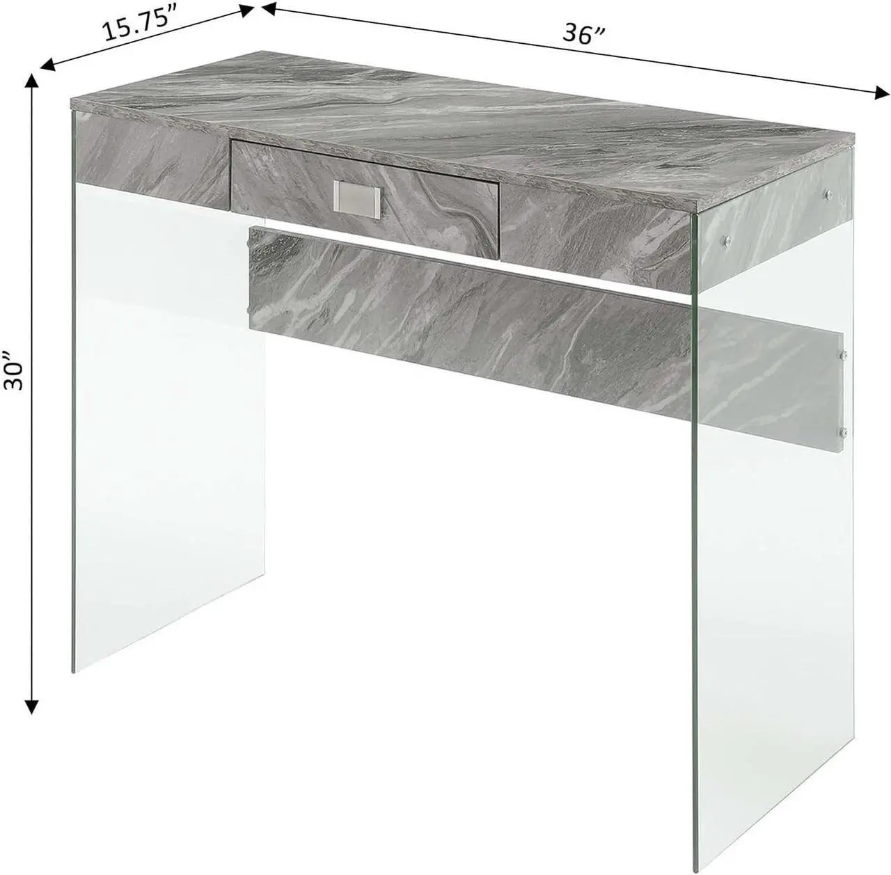 Alt view image 3 of 7 - Convenience Concepts SoHo 1 Drawer Glass 36 inch Desk, Gray Faux Marble/Glass