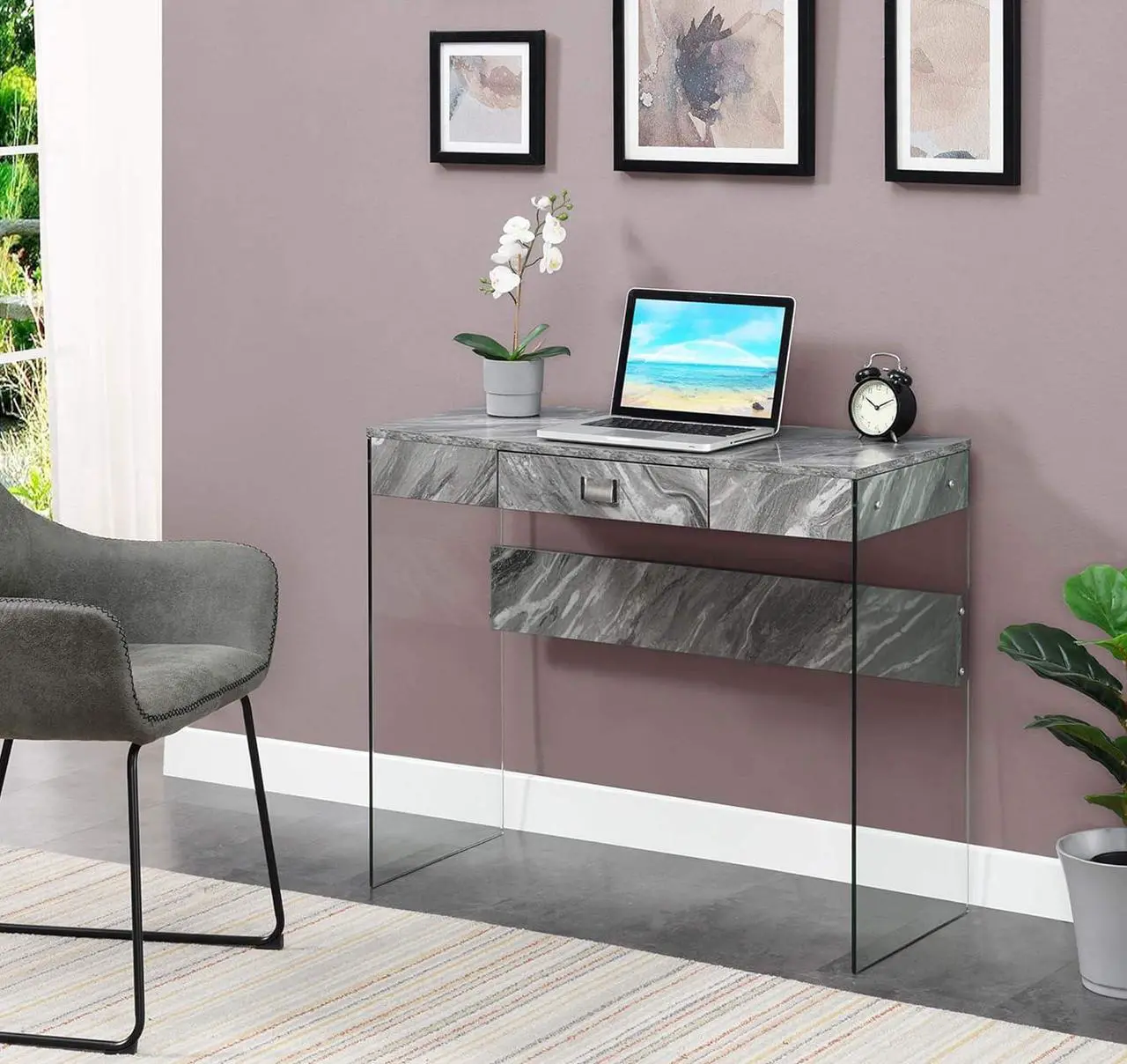 Alt view image 2 of 7 - Convenience Concepts SoHo 1 Drawer Glass 36 inch Desk, Gray Faux Marble/Glass