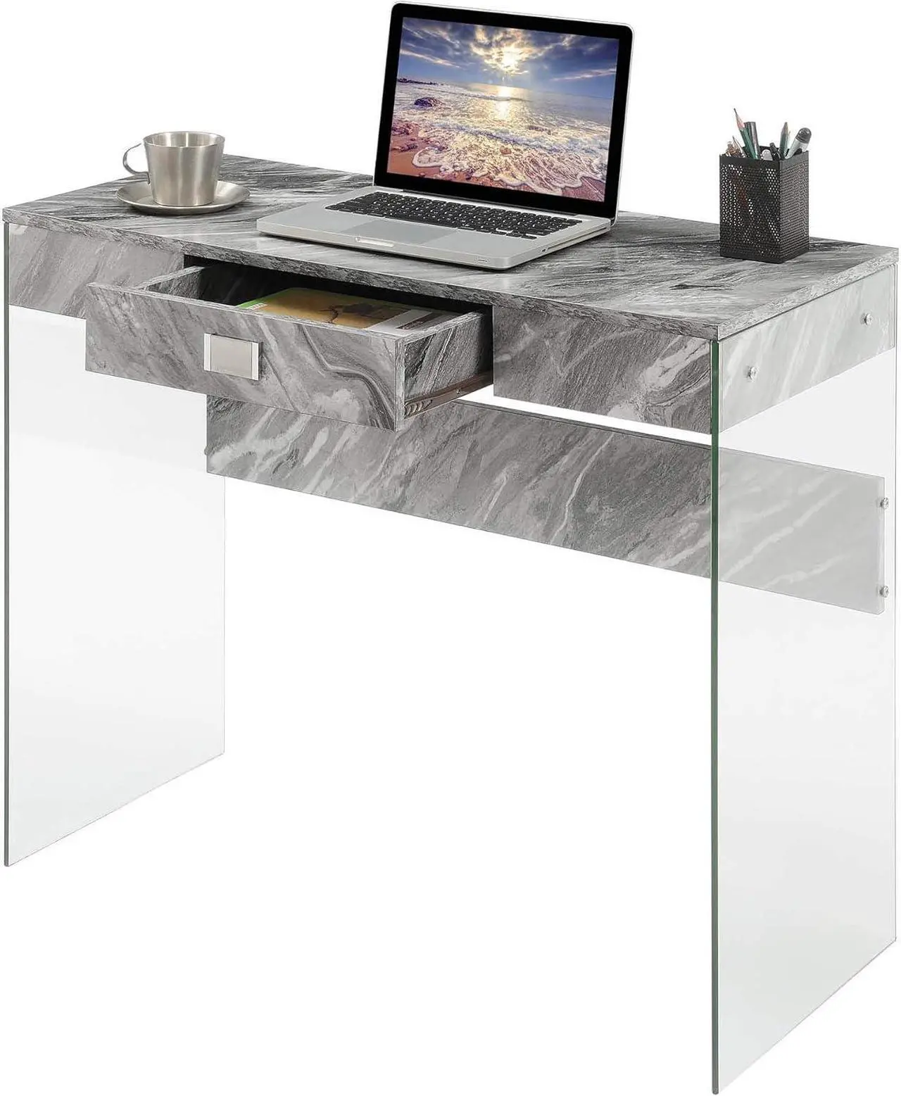 Alt view image 5 of 7 - Convenience Concepts SoHo 1 Drawer Glass 36 inch Desk, Gray Faux Marble/Glass