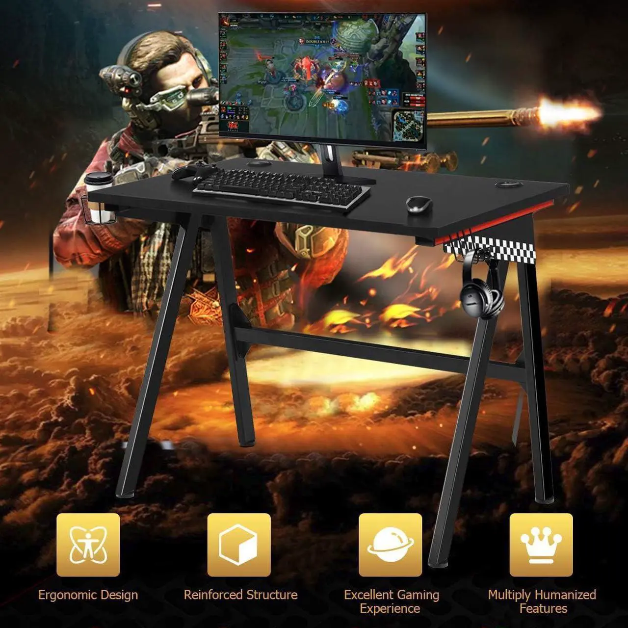 Alt view image 4 of 7 - Tangkula Computer Desk Gaming Desk, E Sports Gamer Table, Professional Gamer Workstation with Cup Holder, Headphone Hook, Ergonomic PC Gaming Table, Writing Desk for Home Office (Black)
