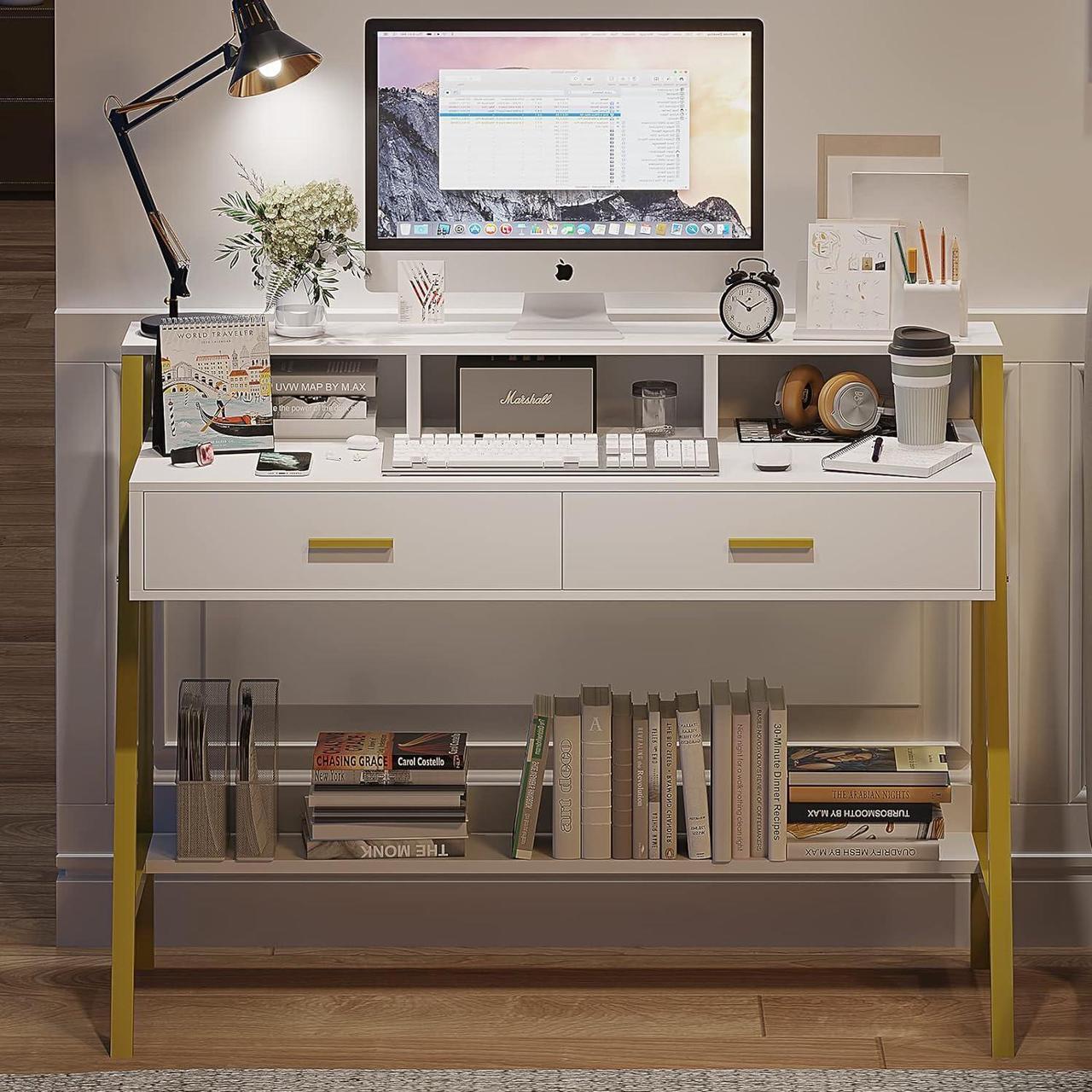 Main image of Tiptiper Modern Computer Desk with Drawers, Home Office Desk with Monitor Stand and Built-in Hutch, Writing Desk Workstation Table with Bookshelf, for Work & Study, White and Gold