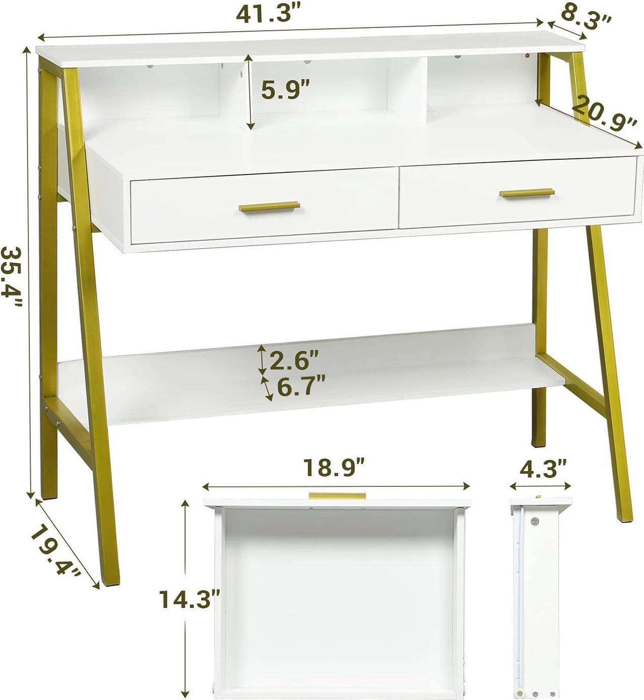 Alt view image 2 of 7 - Tiptiper Modern Computer Desk with Drawers, Home Office Desk with Monitor Stand and Built-in Hutch, Writing Desk Workstation Table with Bookshelf, for Work & Study, White and Gold