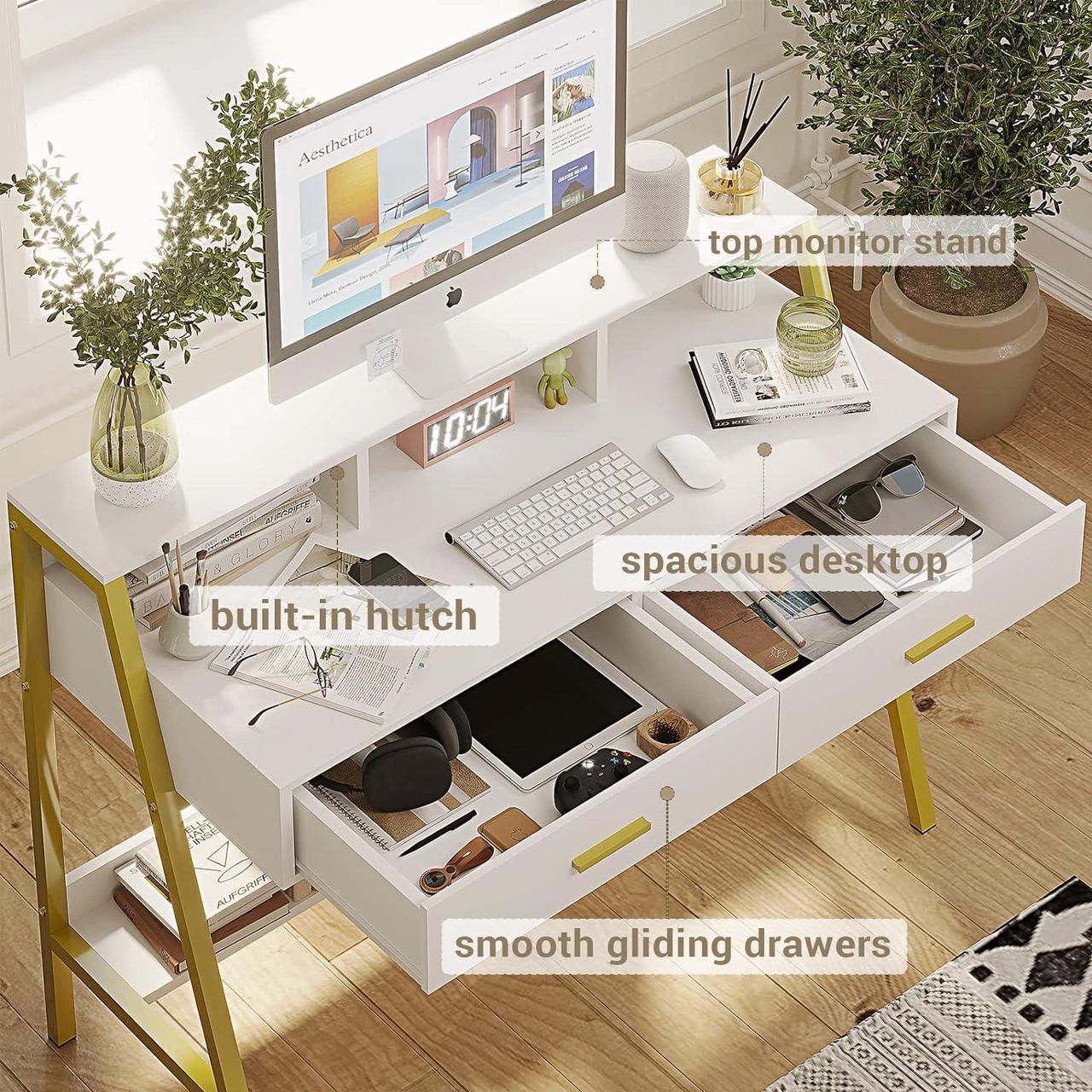 Alt view image 4 of 7 - Tiptiper Modern Computer Desk with Drawers, Home Office Desk with Monitor Stand and Built-in Hutch, Writing Desk Workstation Table with Bookshelf, for Work & Study, White and Gold