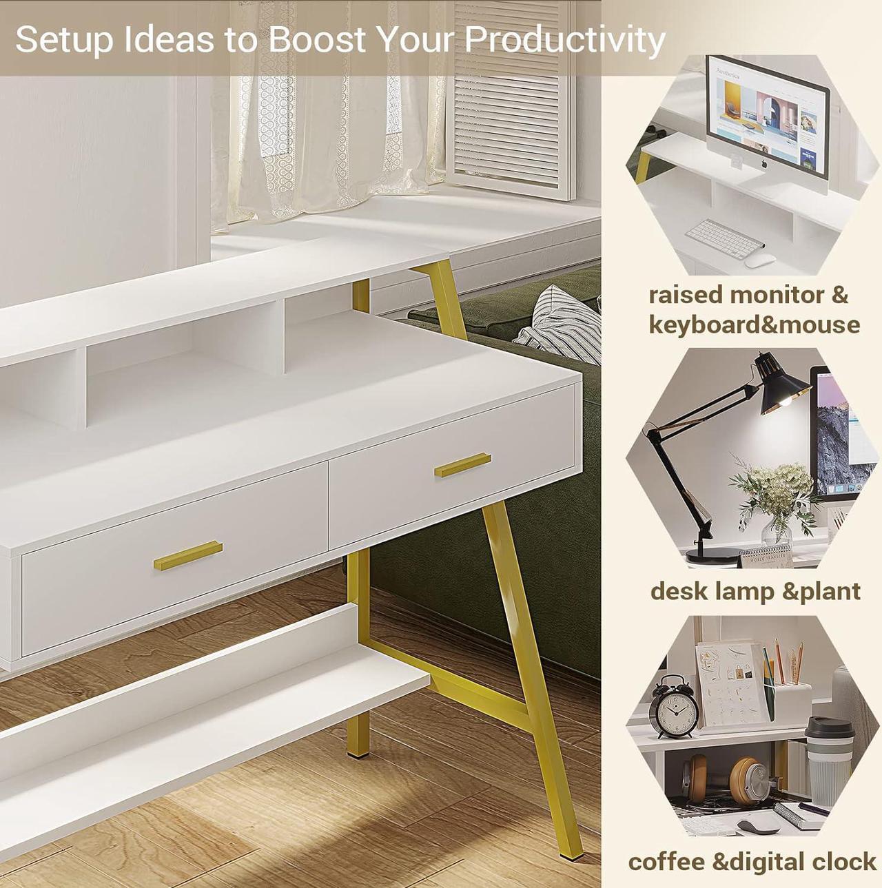 Alt view image 6 of 7 - Tiptiper Modern Computer Desk with Drawers, Home Office Desk with Monitor Stand and Built-in Hutch, Writing Desk Workstation Table with Bookshelf, for Work & Study, White and Gold