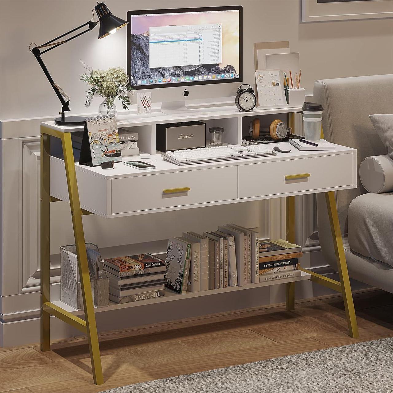 Alt view image 7 of 7 - Tiptiper Modern Computer Desk with Drawers, Home Office Desk with Monitor Stand and Built-in Hutch, Writing Desk Workstation Table with Bookshelf, for Work & Study, White and Gold