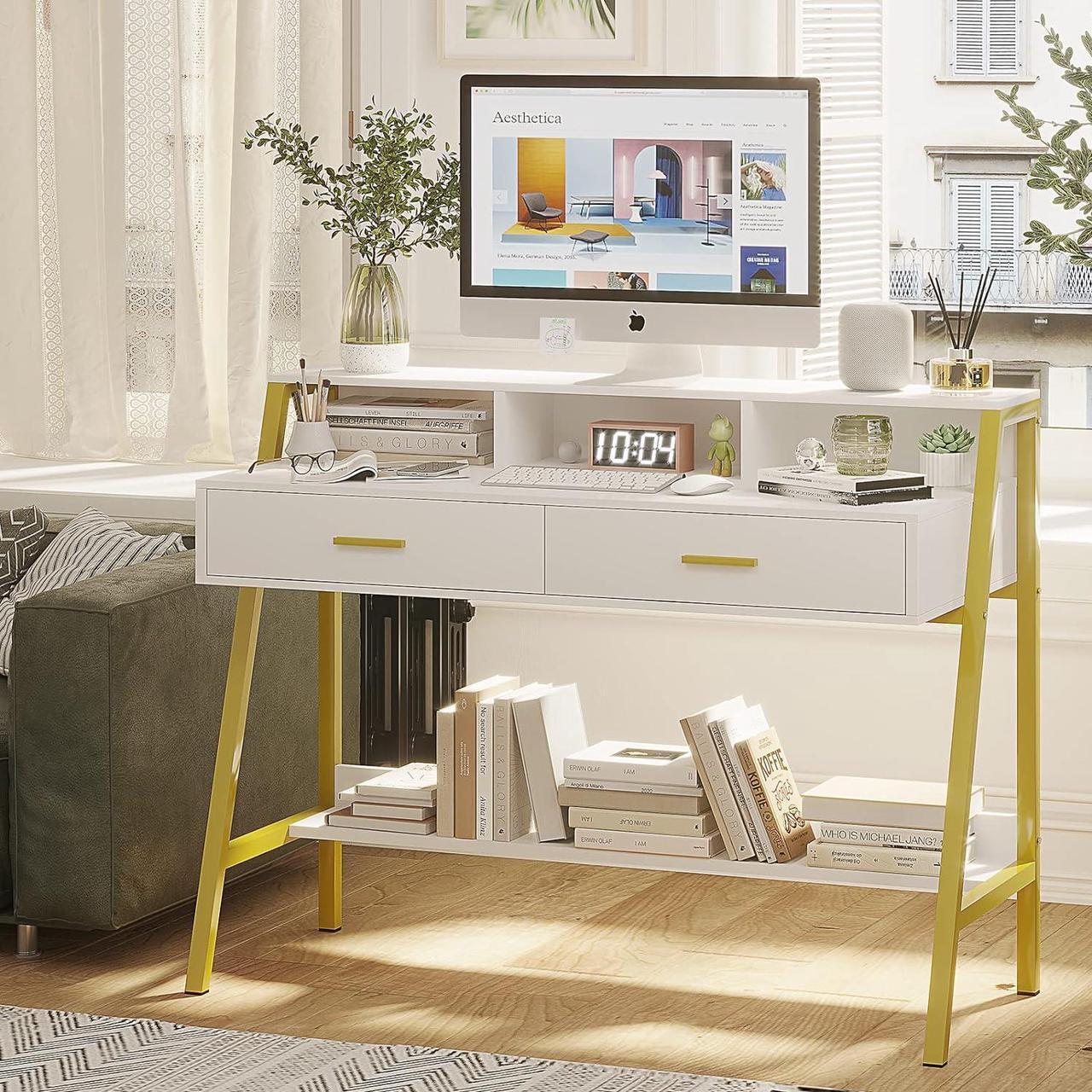 Alt view image 3 of 7 - Tiptiper Modern Computer Desk with Drawers, Home Office Desk with Monitor Stand and Built-in Hutch, Writing Desk Workstation Table with Bookshelf, for Work & Study, White and Gold