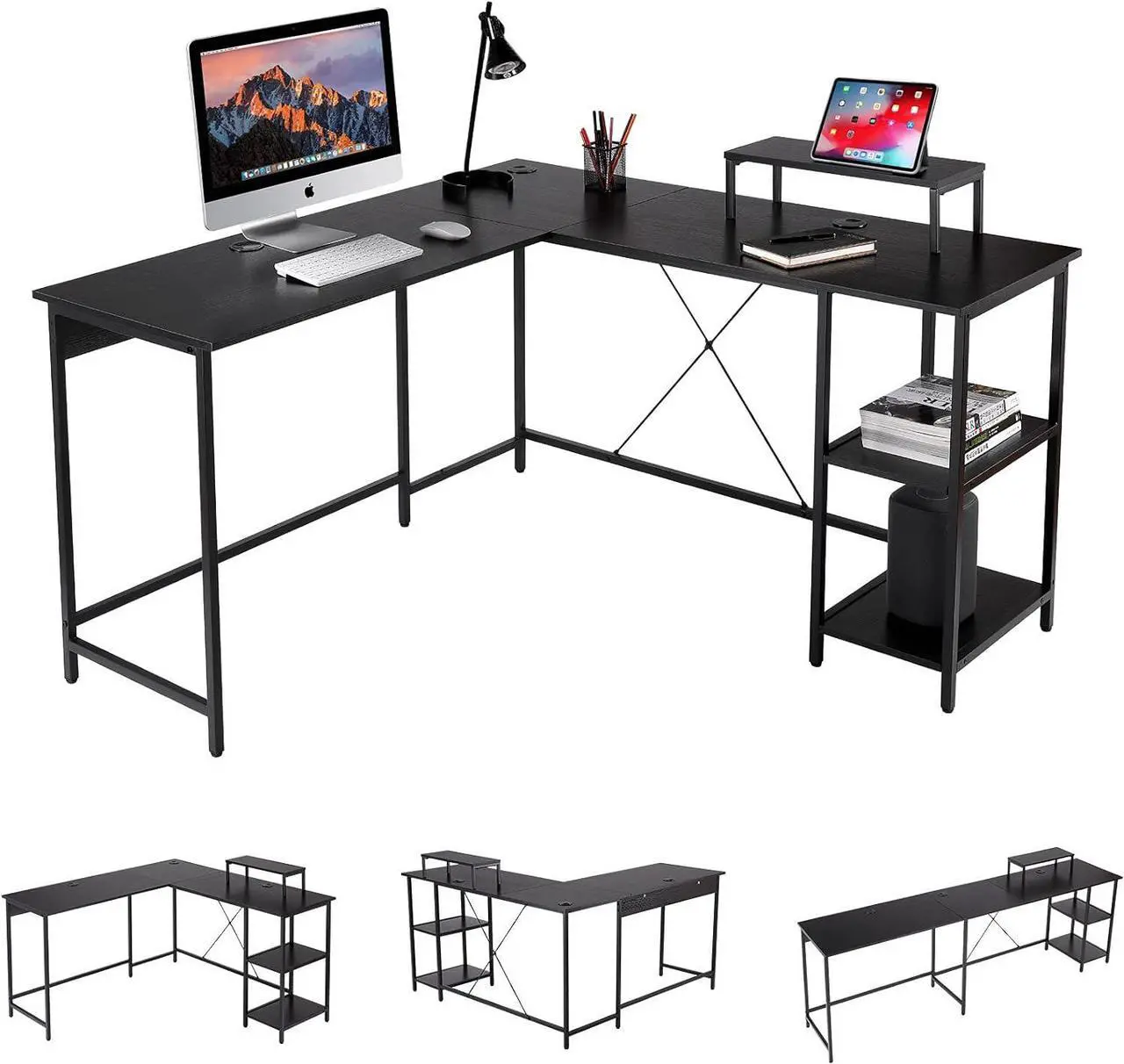Main image of UNICOO - L Shaped Computer Desk, Modern Corner Computer Desks with CPU Stand, L Shaped Game Table with Storage Shelves, Study Writing Desk(SYK-03-L-B) Black