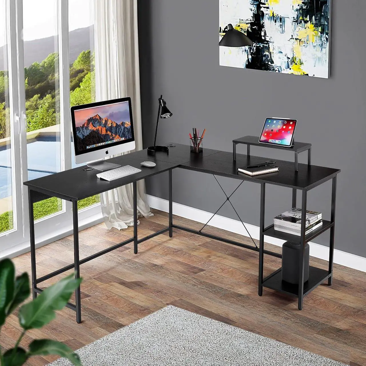 Alt view image 2 of 7 - UNICOO - L Shaped Computer Desk, Modern Corner Computer Desks with CPU Stand, L Shaped Game Table with Storage Shelves, Study Writing Desk(SYK-03-L-B) Black