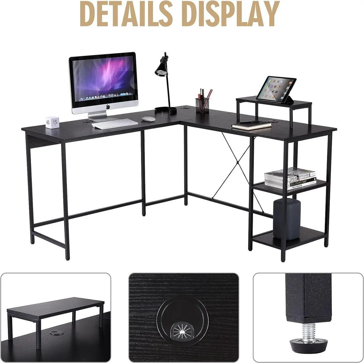 Alt view image 5 of 7 - UNICOO - L Shaped Computer Desk, Modern Corner Computer Desks with CPU Stand, L Shaped Game Table with Storage Shelves, Study Writing Desk(SYK-03-L-B) Black