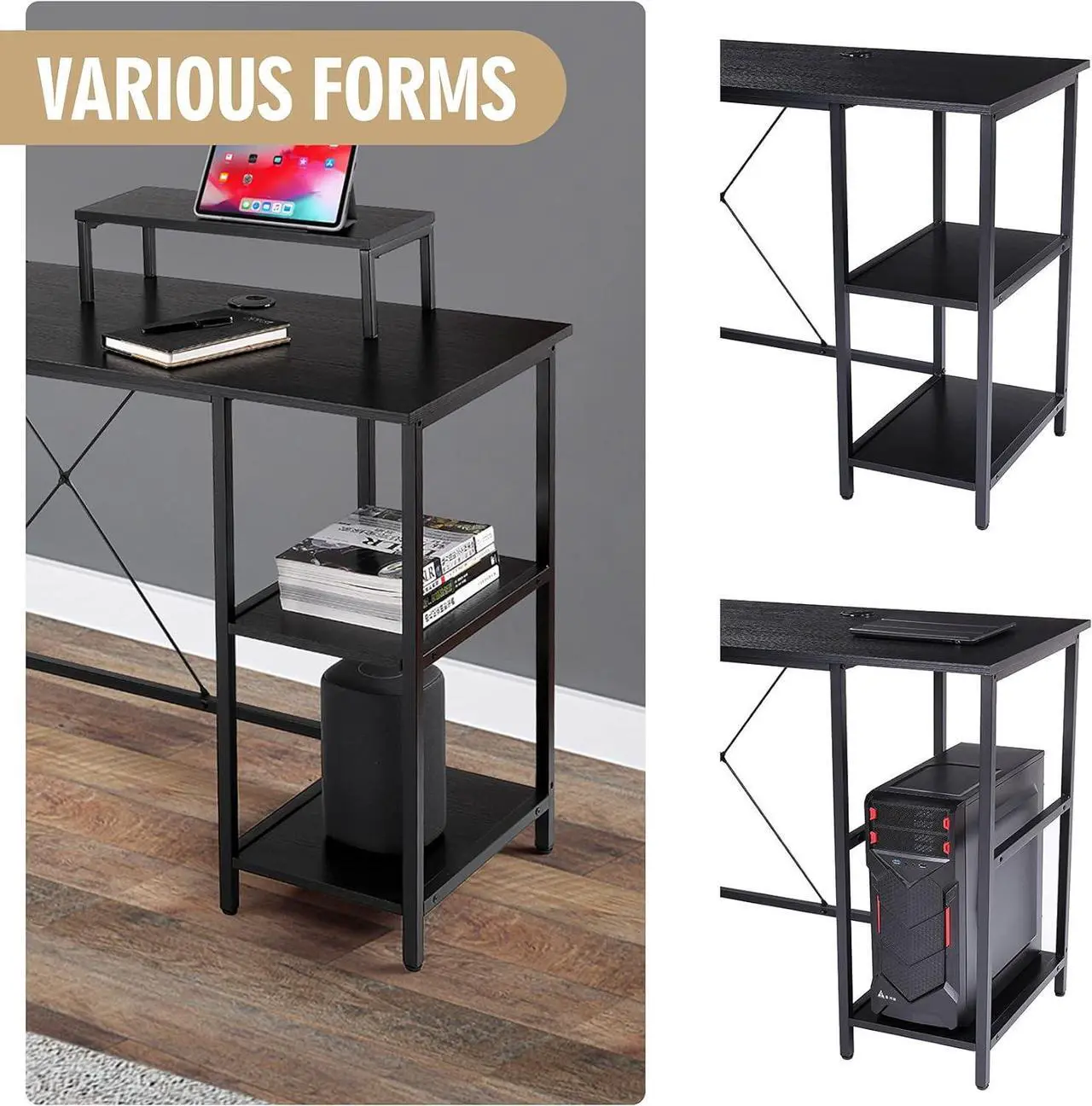 Alt view image 6 of 7 - UNICOO - L Shaped Computer Desk, Modern Corner Computer Desks with CPU Stand, L Shaped Game Table with Storage Shelves, Study Writing Desk(SYK-03-L-B) Black