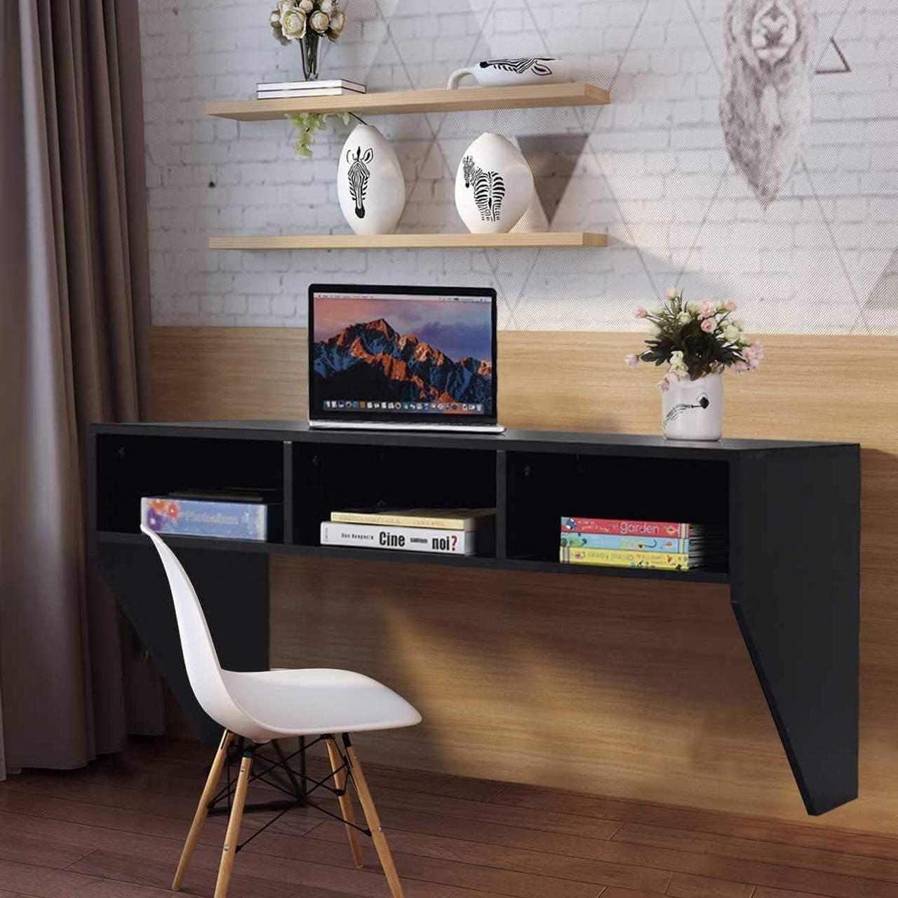 Alt view image 4 of 7 - WATERJOY Wall Mounted Desk Computer Desk Floating Table, Home Office Working Desk, Wall Mounted Console Workstation Laptop PC Table with Storage Shelves Black