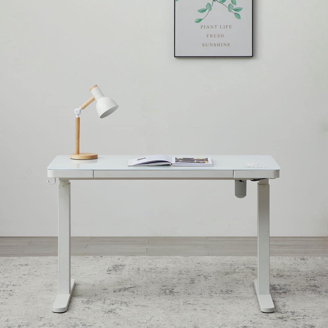 Alt view image 2 of 6 - kowo Glass Electric Standing Desk with Drawer Integrated Wireless Charging, 48 inch Modern Home Office Height Adjustable Desk Sit Stand Desk USB Port, Tempered Glass White