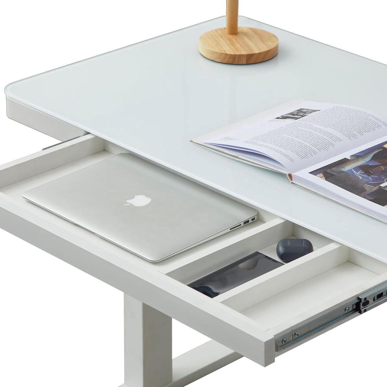 Alt view image 3 of 6 - kowo Glass Electric Standing Desk with Drawer Integrated Wireless Charging, 48 inch Modern Home Office Height Adjustable Desk Sit Stand Desk USB Port, Tempered Glass White