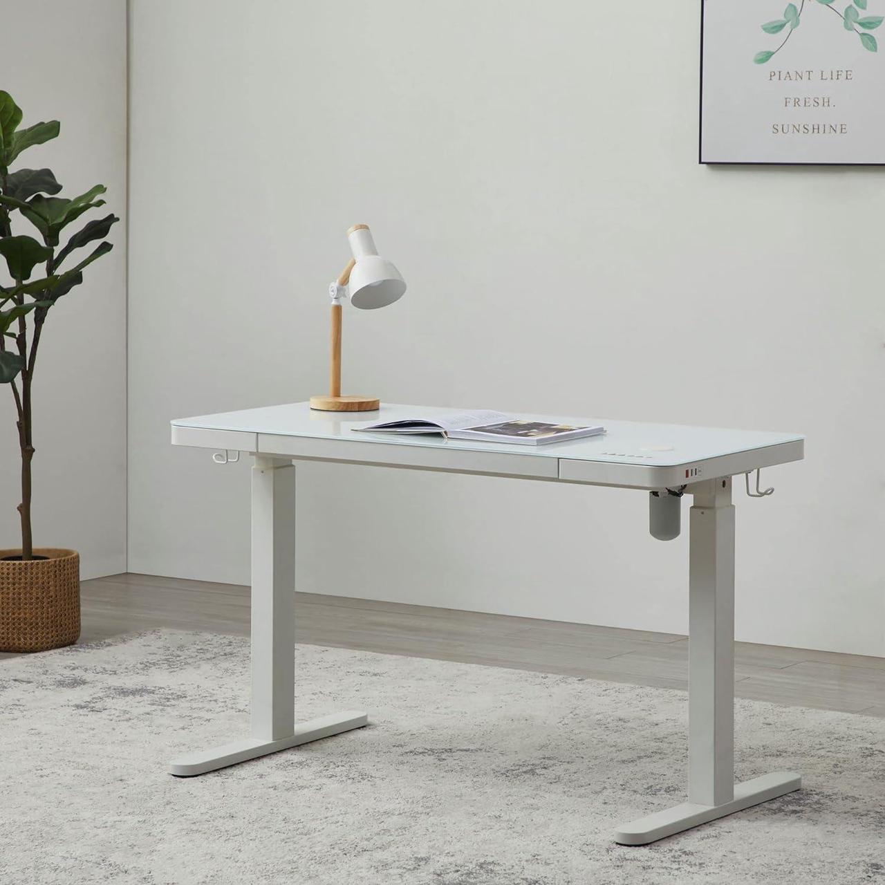 Alt view image 6 of 6 - kowo Glass Electric Standing Desk with Drawer Integrated Wireless Charging, 48 inch Modern Home Office Height Adjustable Desk Sit Stand Desk USB Port, Tempered Glass White